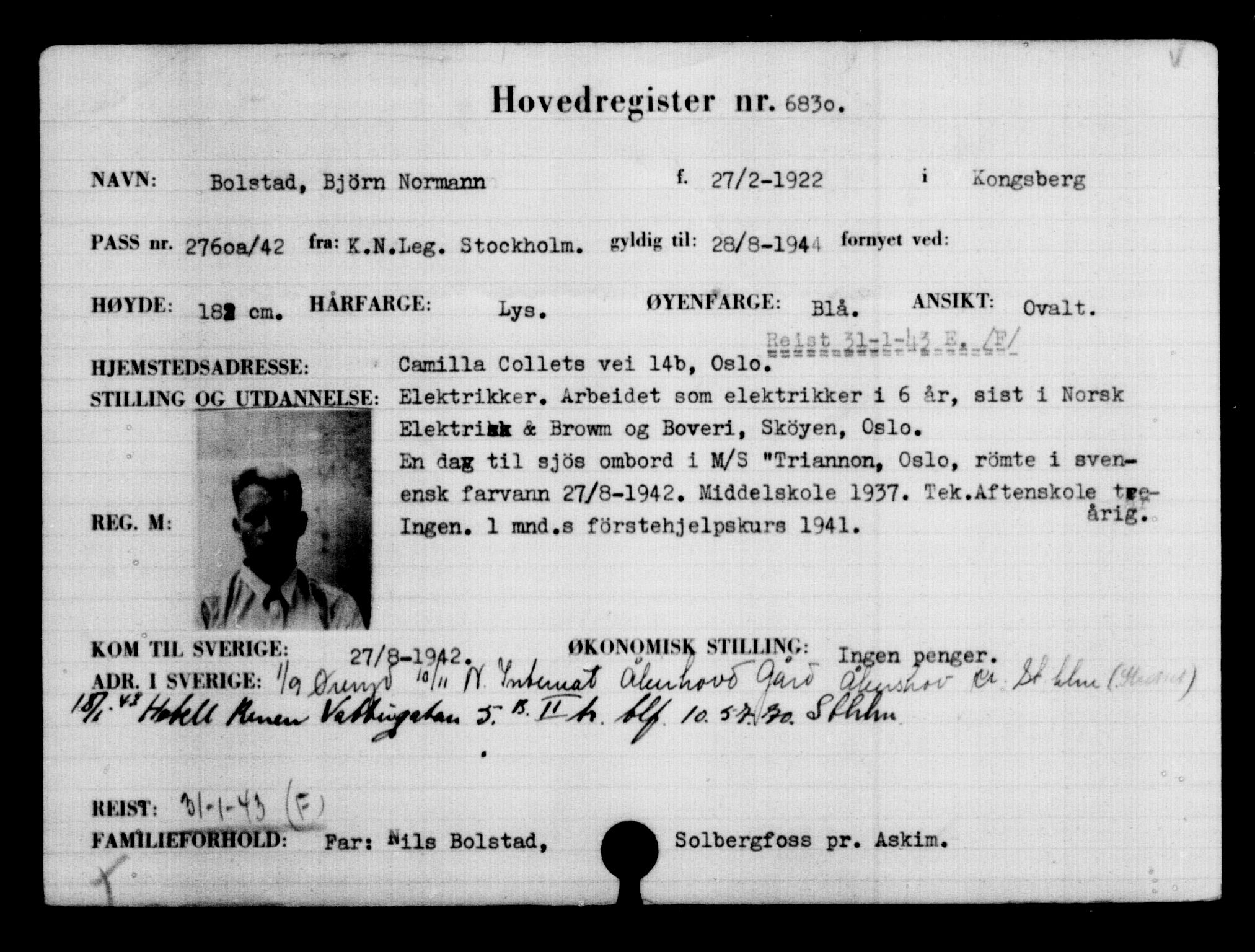 Utenriksstasjonene, Legasjonen i Stockholm, Flyktningkontoret, AV/RA-S-6753/V/Va/L0005: Kjesäterkartoteket, flyktninger med registreringsnr. 6600-9417, 1940-1945, p. 278