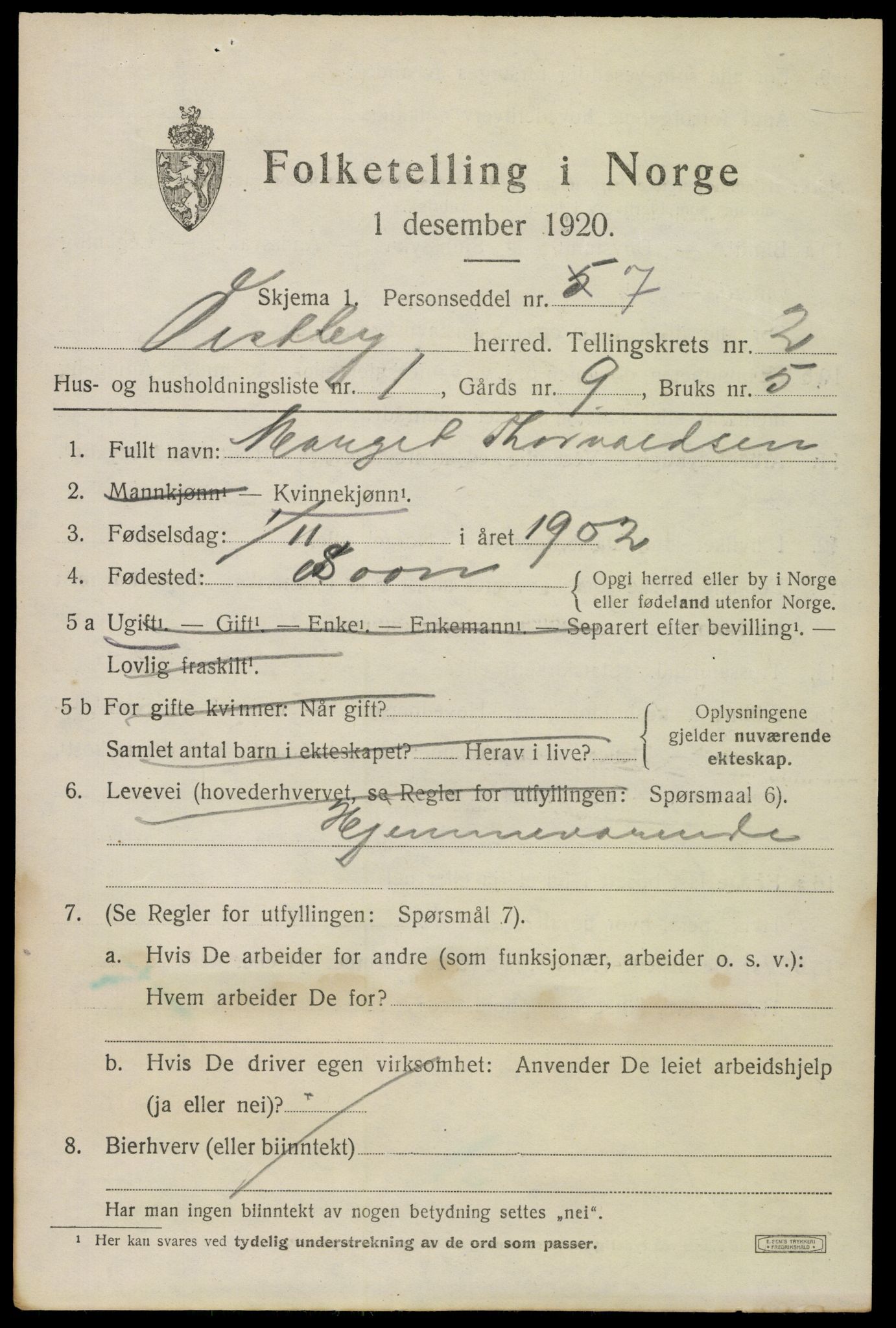 SAO, 1920 census for Vestby, 1920, p. 3397