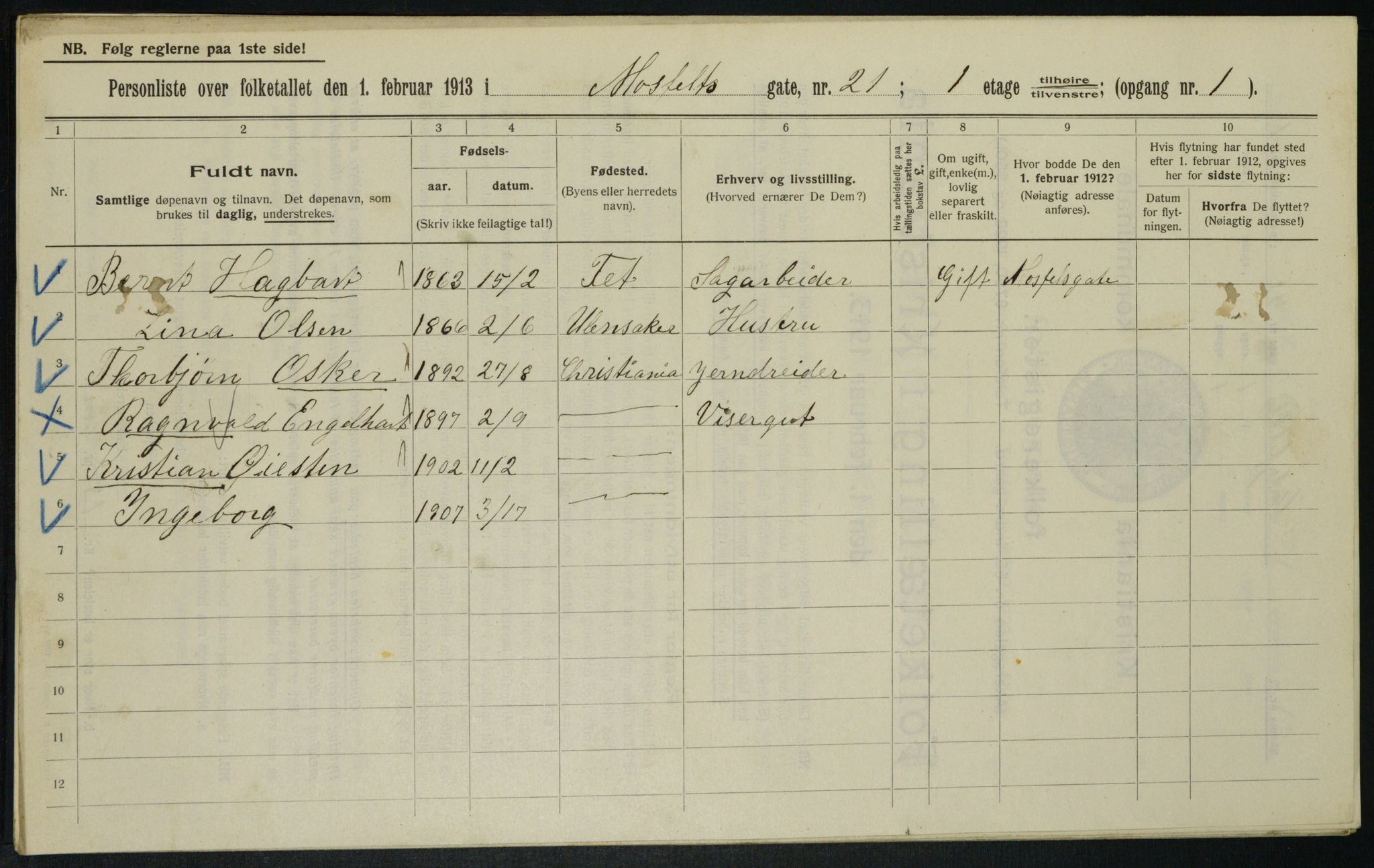 OBA, Municipal Census 1913 for Kristiania, 1913, p. 66201