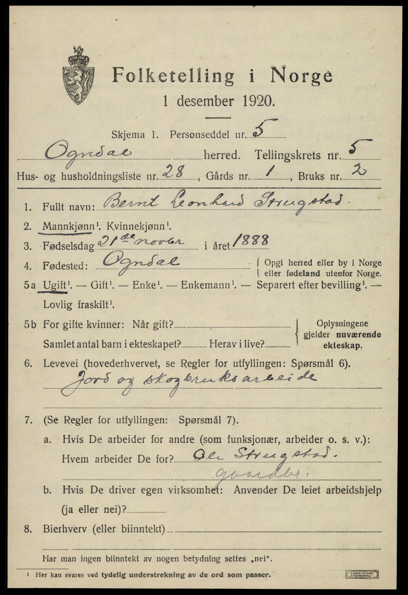 SAT, 1920 census for Ogndal, 1920, p. 2277