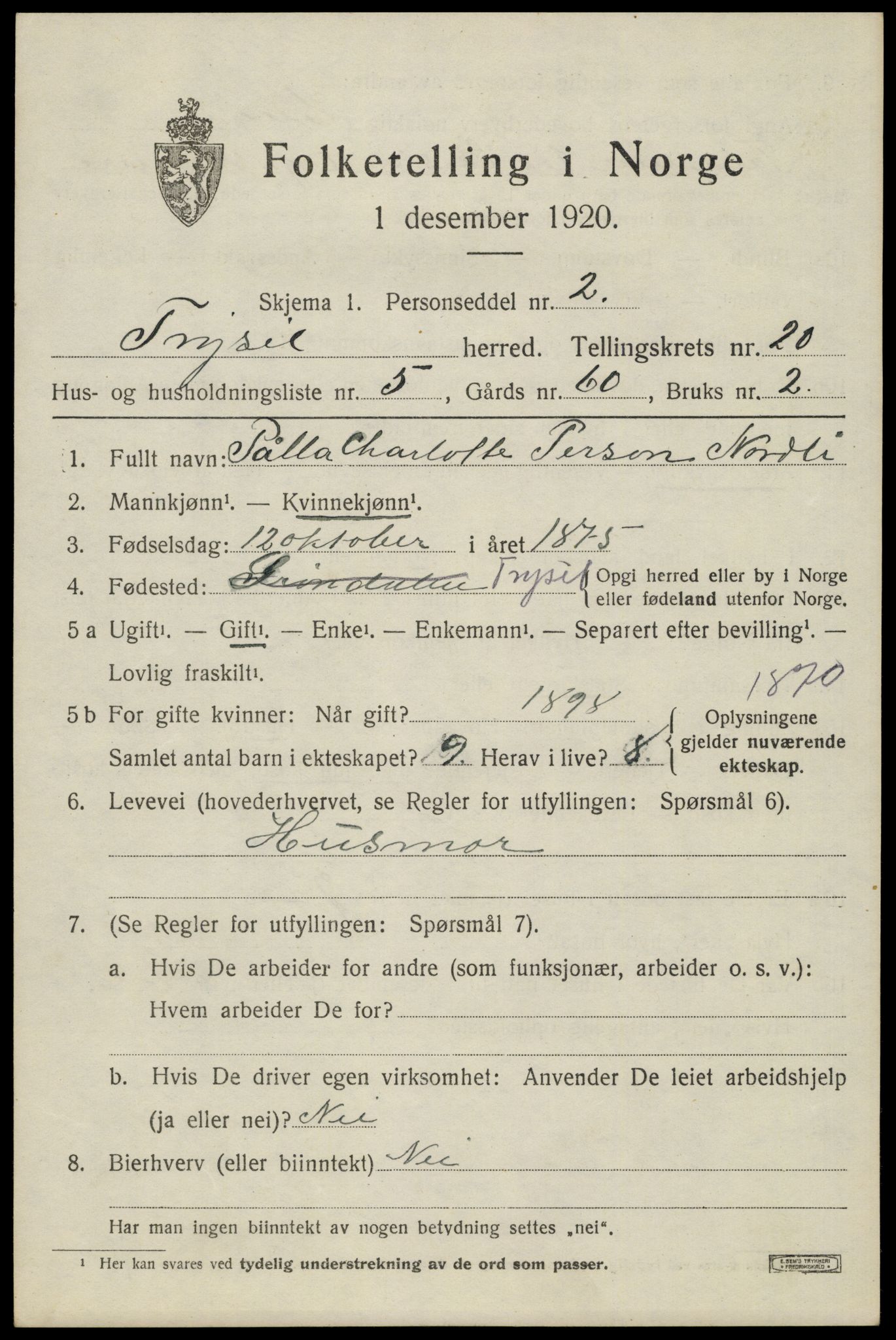 SAH, 1920 census for Trysil, 1920, p. 13055