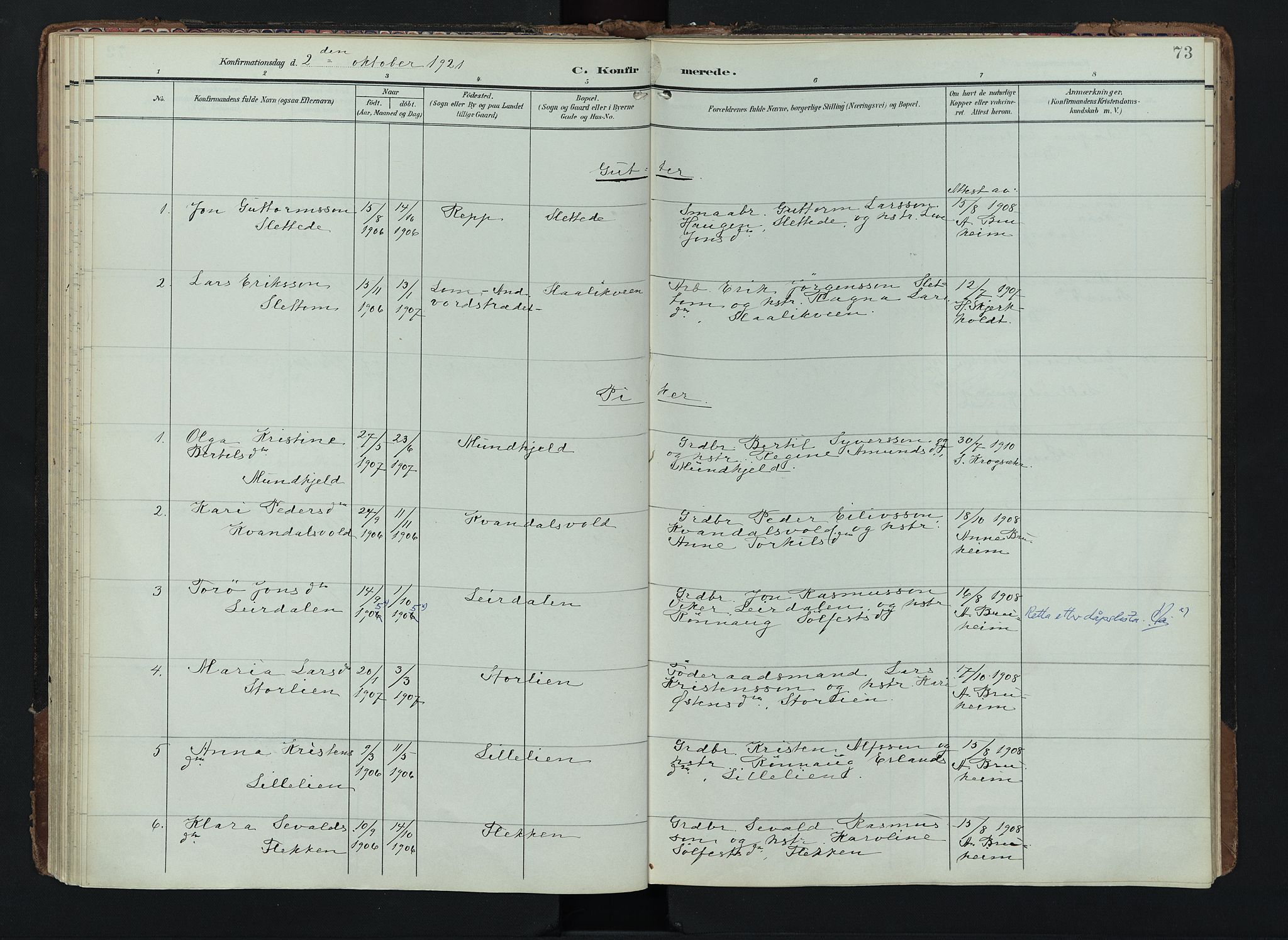 Lom prestekontor, SAH/PREST-070/K/L0012: Parish register (official) no. 12, 1904-1928, p. 73