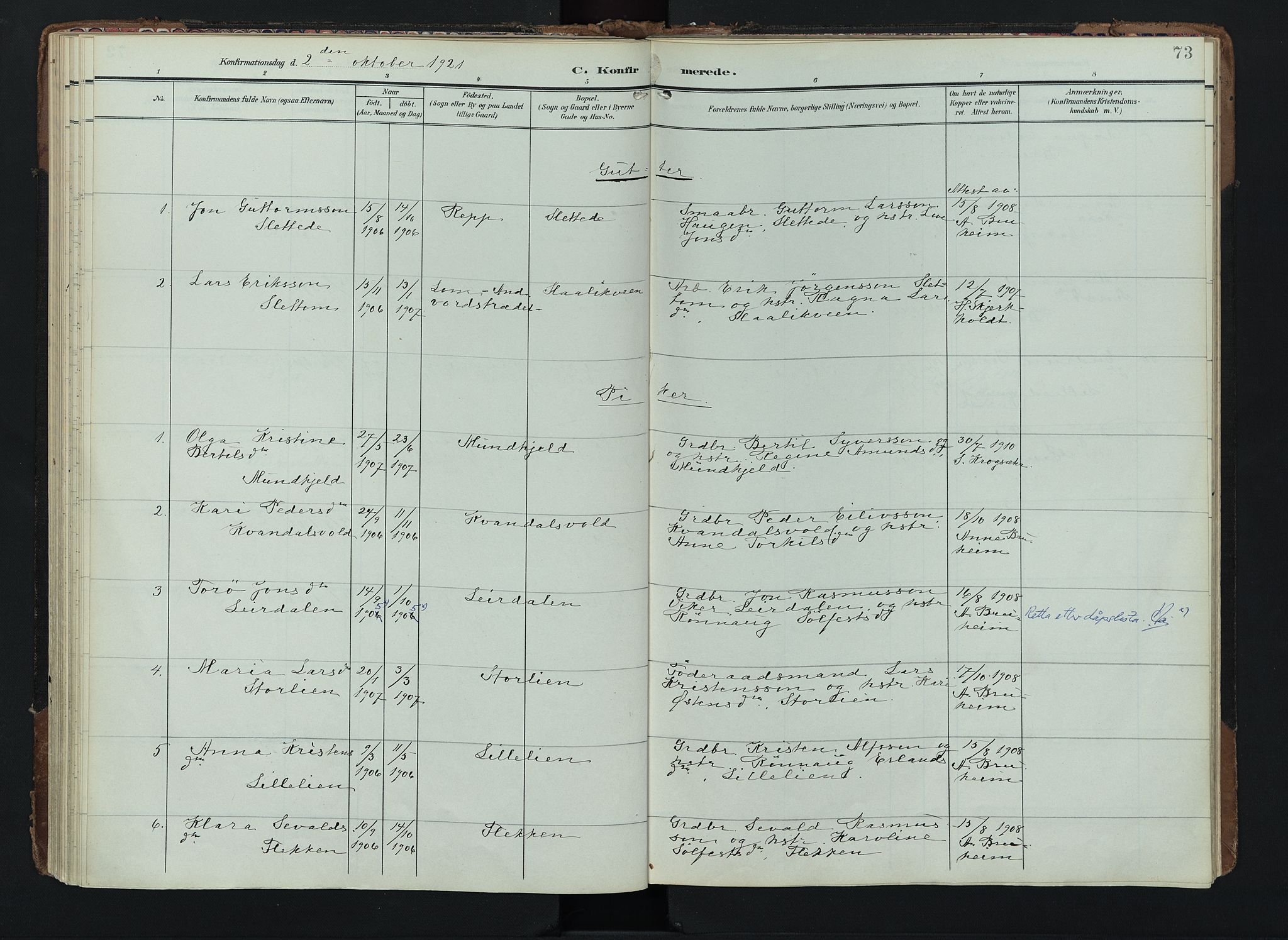 Lom prestekontor, AV/SAH-PREST-070/K/L0012: Parish register (official) no. 12, 1904-1928, p. 73
