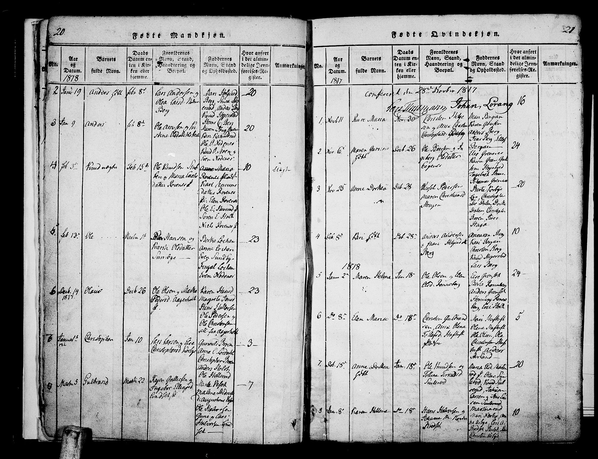 Hof kirkebøker, AV/SAKO-A-64/F/Fa/L0004: Parish register (official) no. I 4, 1814-1843, p. 20-21