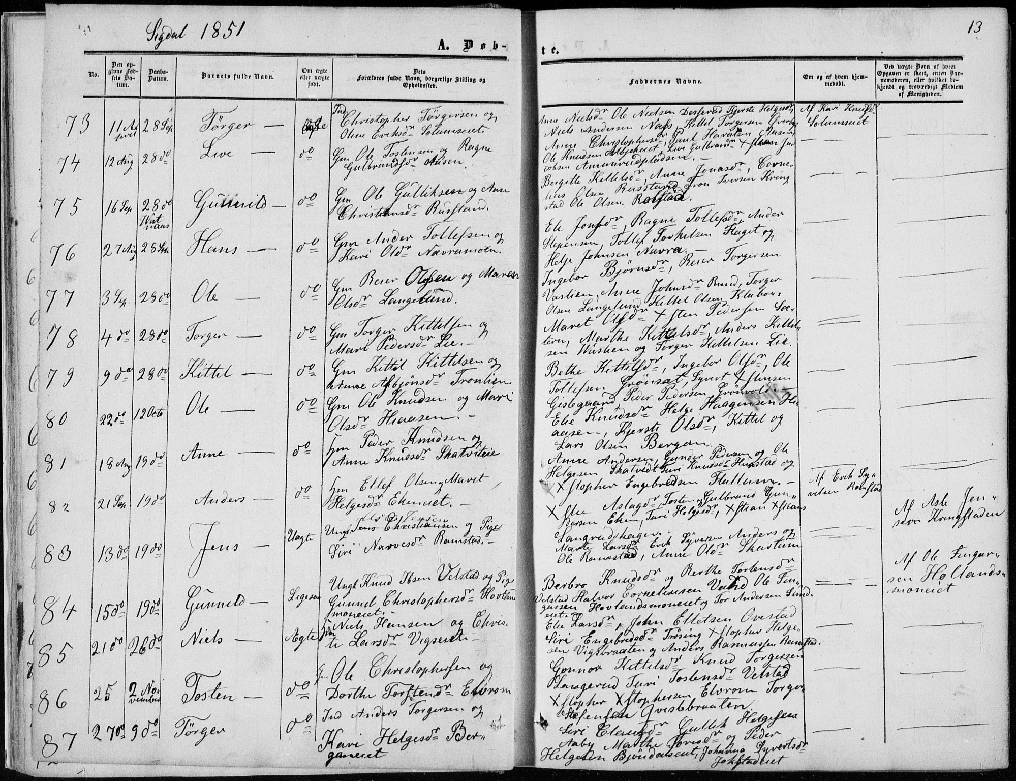 Sigdal kirkebøker, AV/SAKO-A-245/F/Fa/L0008: Parish register (official) no. I 8, 1850-1859, p. 13