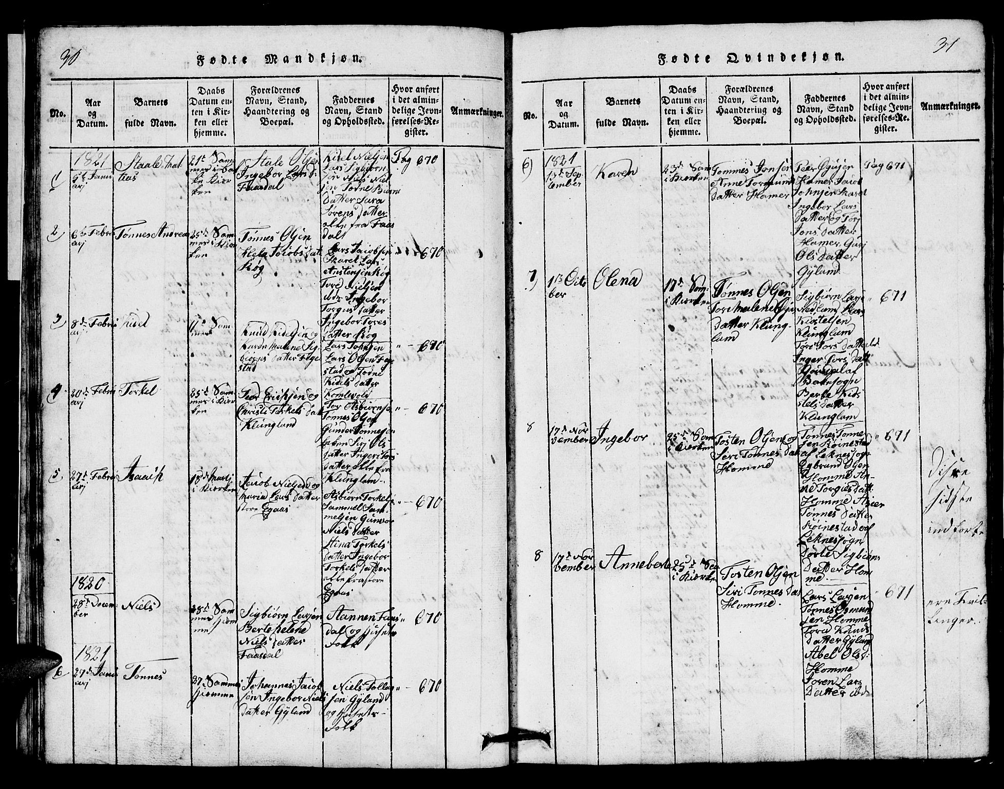 Bakke sokneprestkontor, AV/SAK-1111-0002/F/Fb/Fbb/L0001: Parish register (copy) no. B 1, 1815-1835, p. 30-31