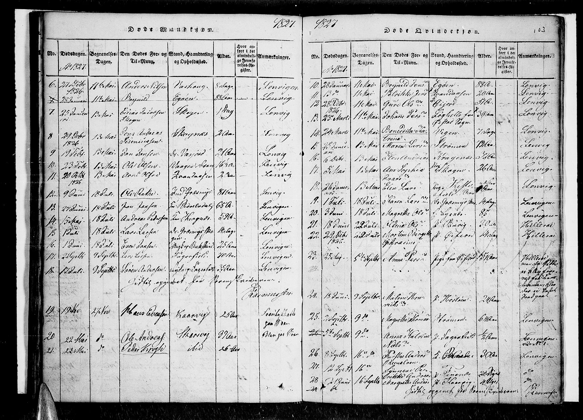 Lenvik sokneprestembete, SATØ/S-1310/H/Ha/Haa/L0003kirke: Parish register (official) no. 3, 1820-1831, p. 103