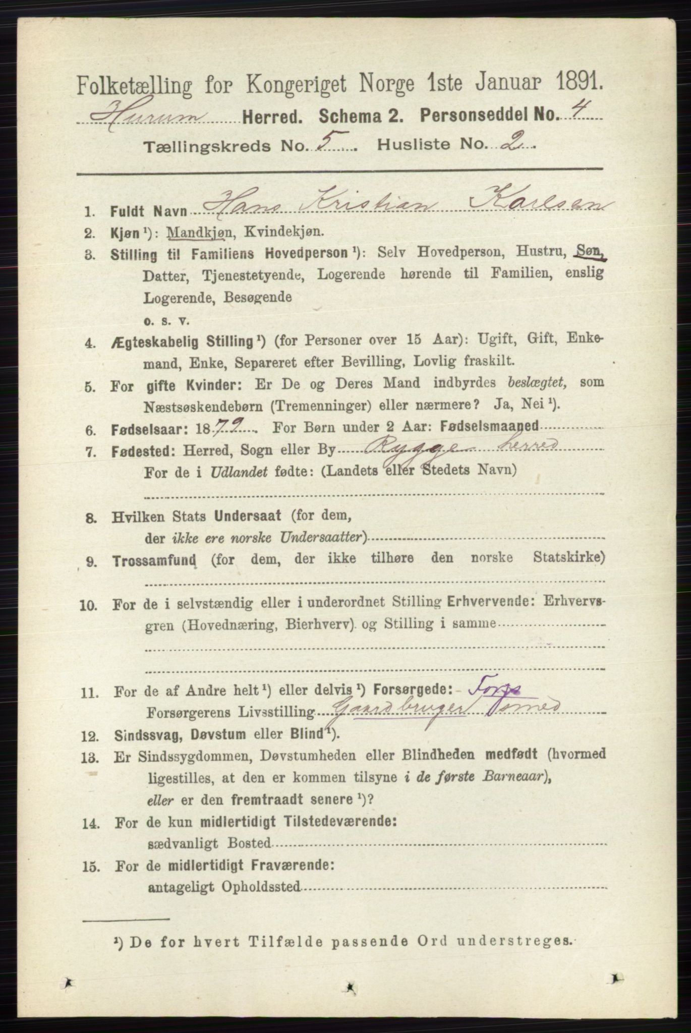 RA, 1891 census for 0628 Hurum, 1891, p. 1406