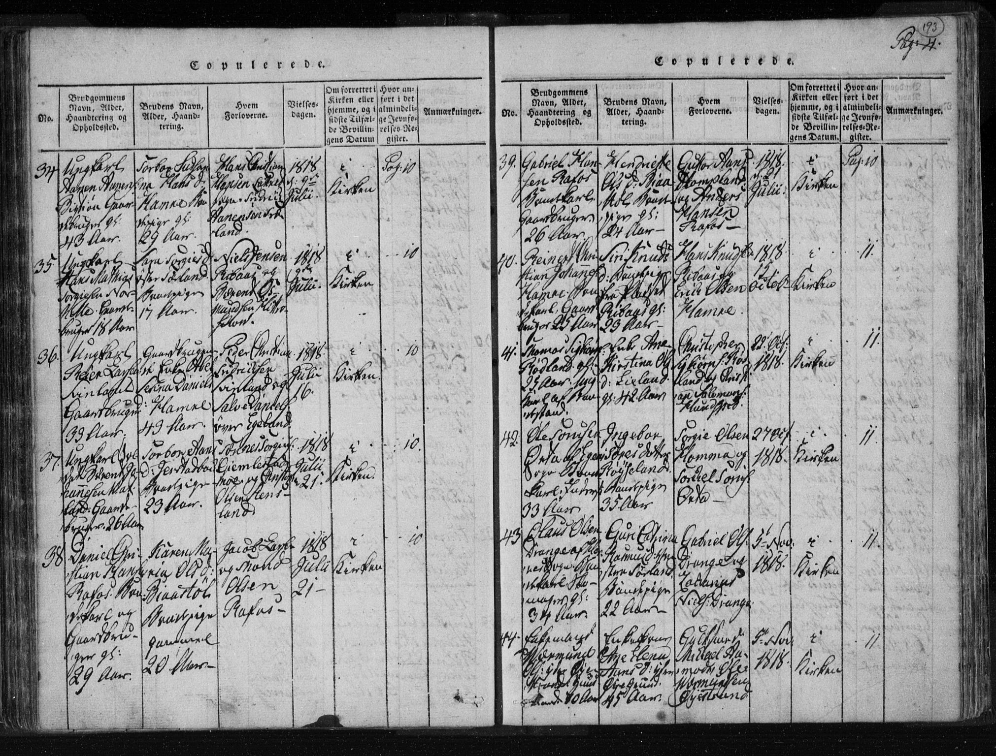 Kvinesdal sokneprestkontor, SAK/1111-0026/F/Fa/Fab/L0003: Parish register (official) no. A 3, 1815-1829, p. 193