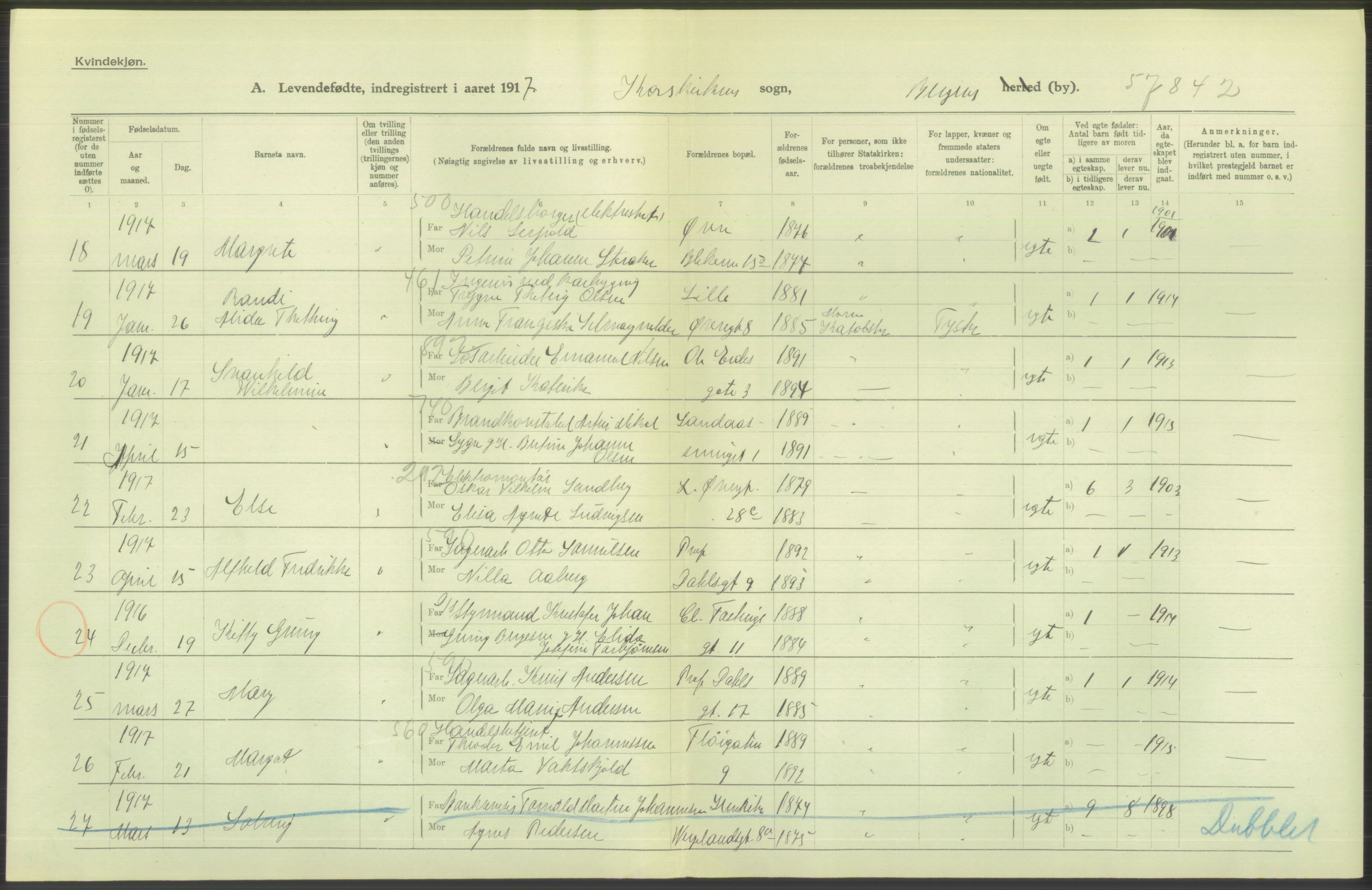 Statistisk sentralbyrå, Sosiodemografiske emner, Befolkning, AV/RA-S-2228/D/Df/Dfb/Dfbg/L0037: Bergen: Levendefødte menn og kvinner., 1917, p. 386