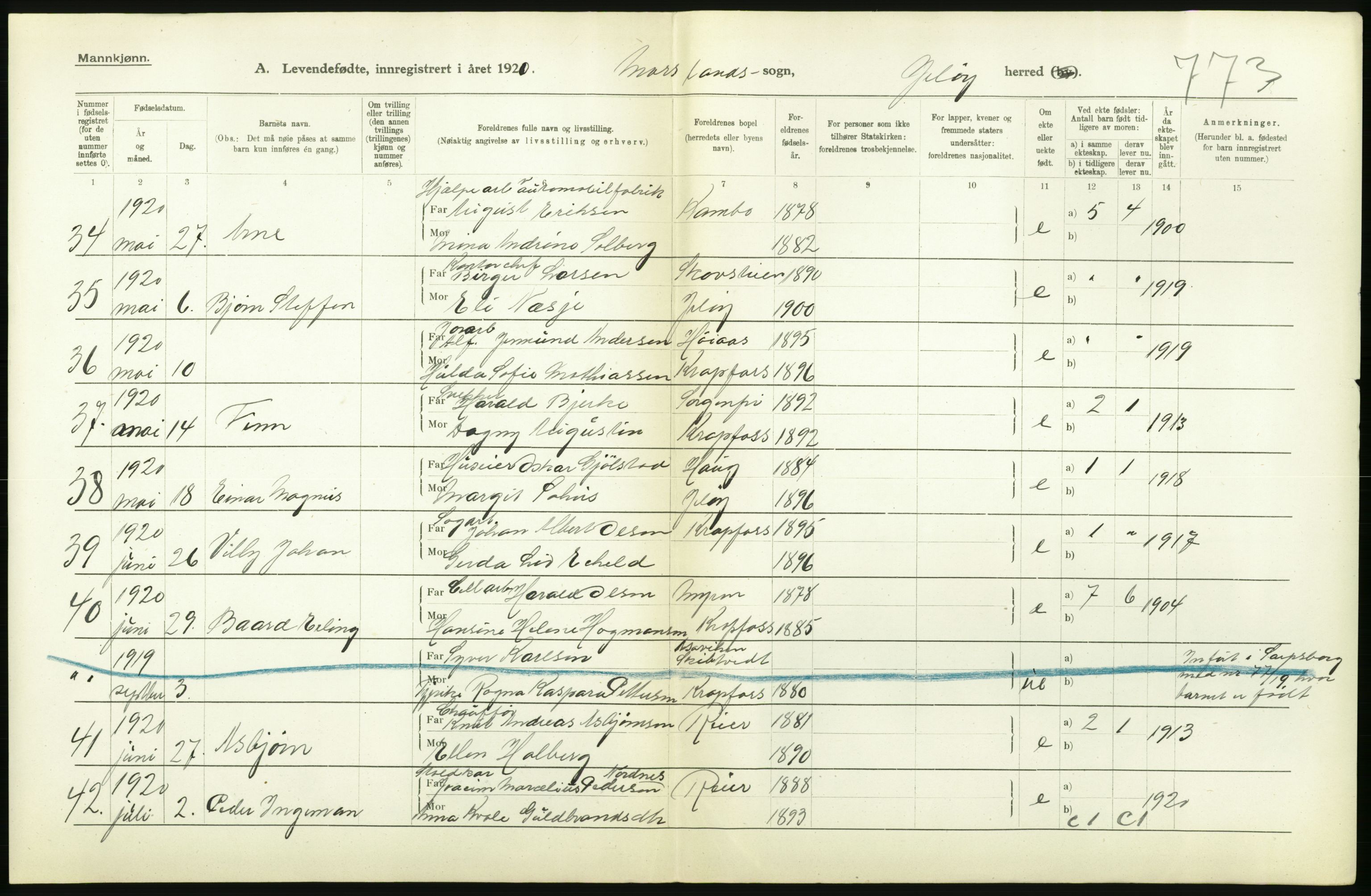 Statistisk sentralbyrå, Sosiodemografiske emner, Befolkning, RA/S-2228/D/Df/Dfb/Dfbj/L0001: Østfold fylke: Levendefødte menn og kvinner. Bygder., 1920, p. 26