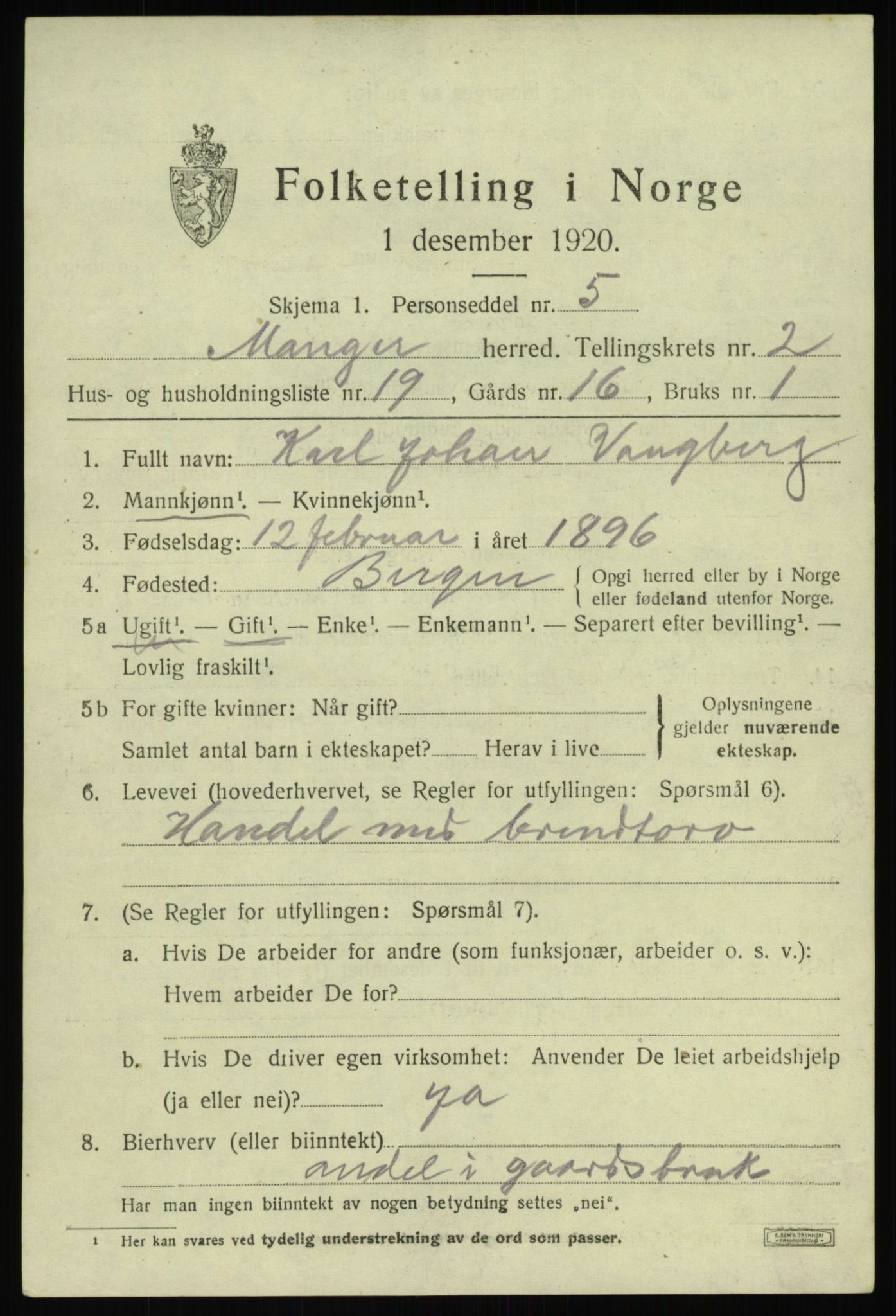 SAB, 1920 census for Manger, 1920, p. 2203