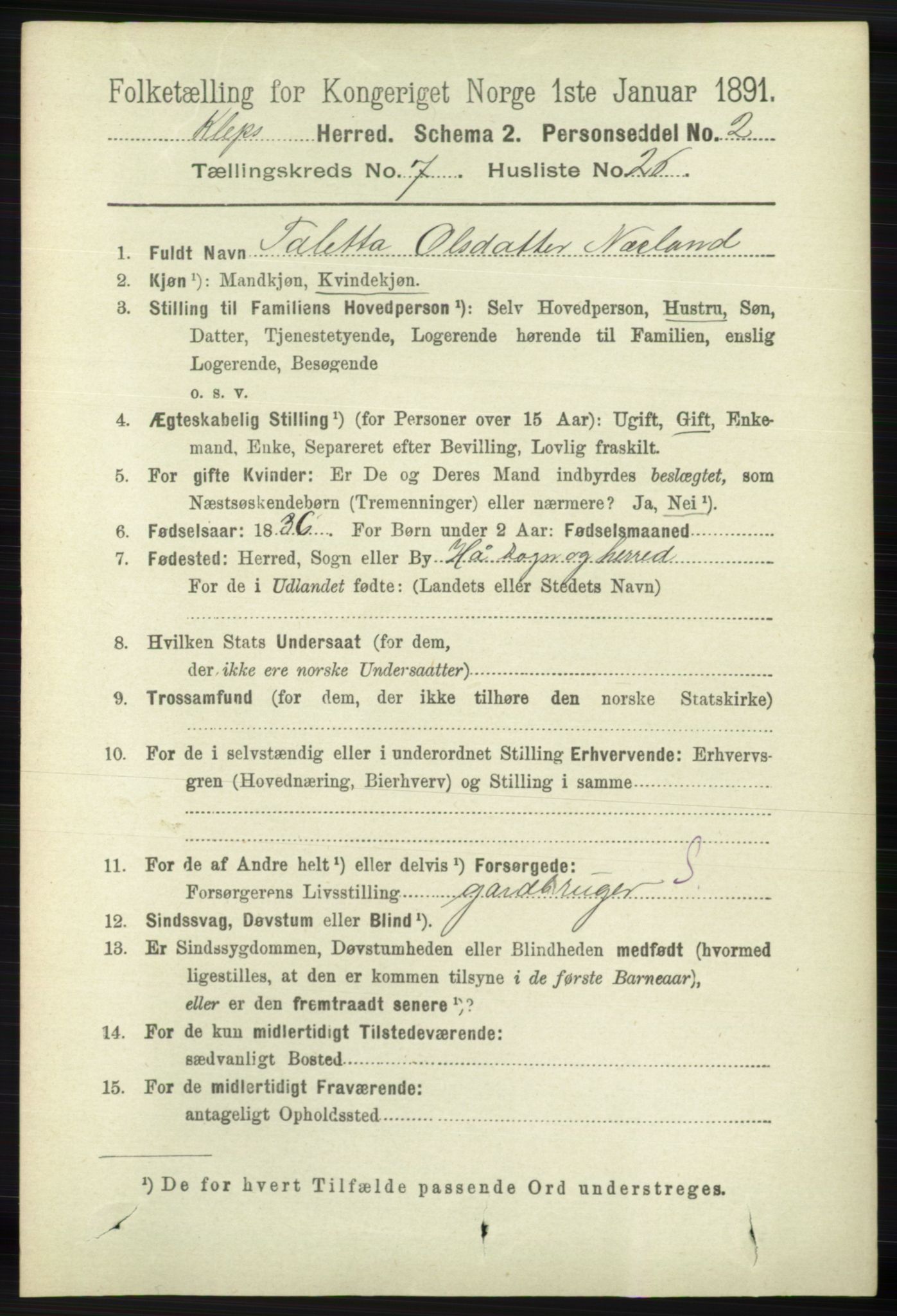 RA, 1891 census for 1120 Klepp, 1891, p. 2285