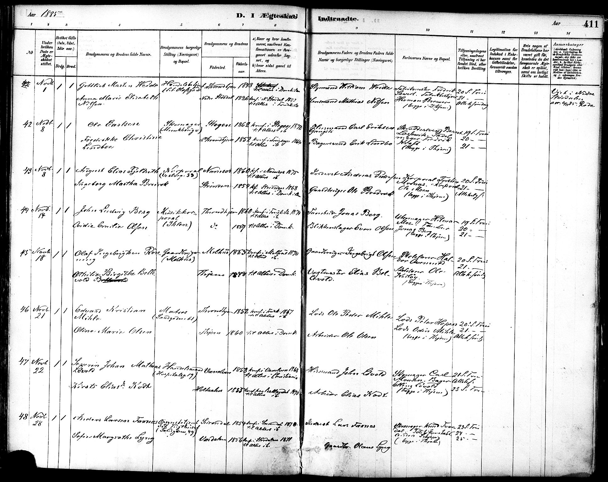 Ministerialprotokoller, klokkerbøker og fødselsregistre - Sør-Trøndelag, AV/SAT-A-1456/601/L0058: Parish register (official) no. 601A26, 1877-1891, p. 411