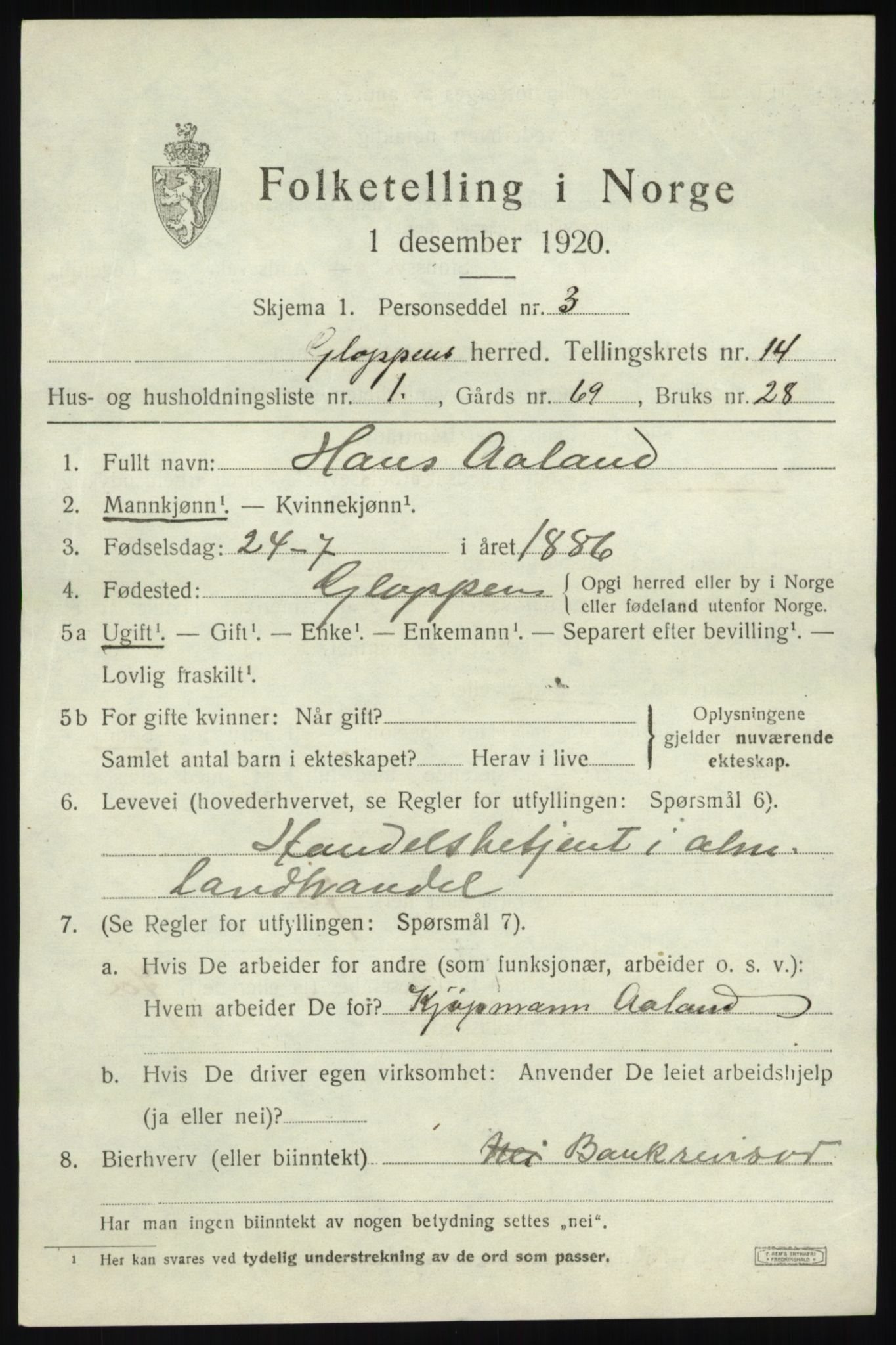 SAB, 1920 census for Gloppen, 1920, p. 6892