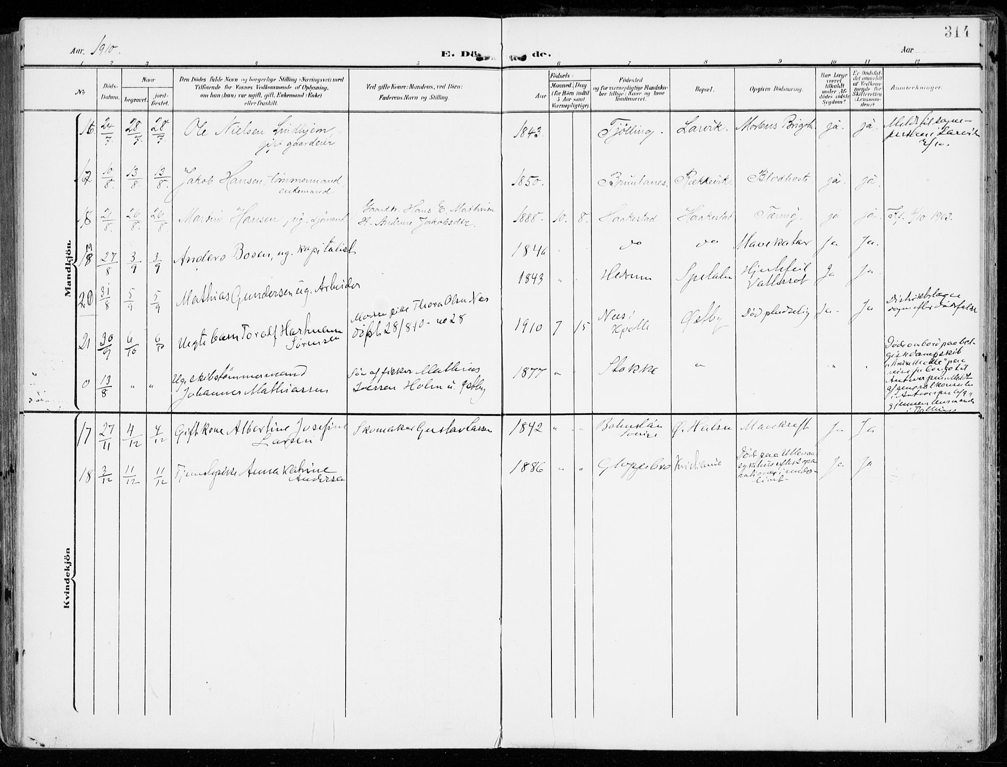 Tjølling kirkebøker, SAKO/A-60/F/Fa/L0010: Parish register (official) no. 10, 1906-1923, p. 314