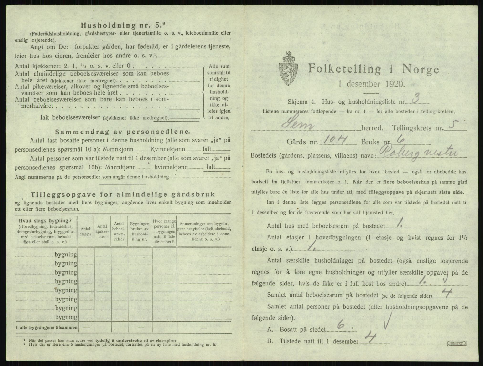 SAKO, 1920 census for Sem, 1920, p. 898