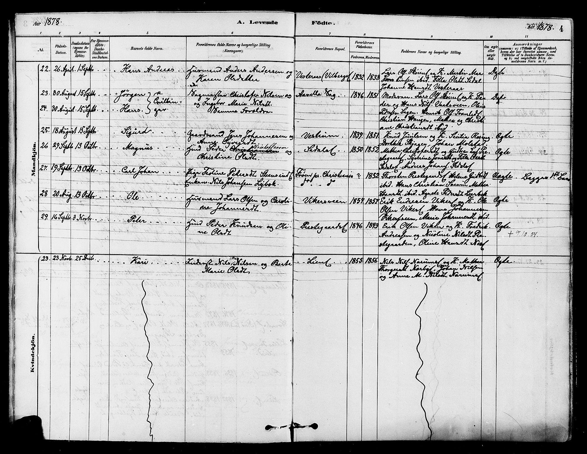 Søndre Land prestekontor, AV/SAH-PREST-122/K/L0002: Parish register (official) no. 2, 1878-1894, p. 4