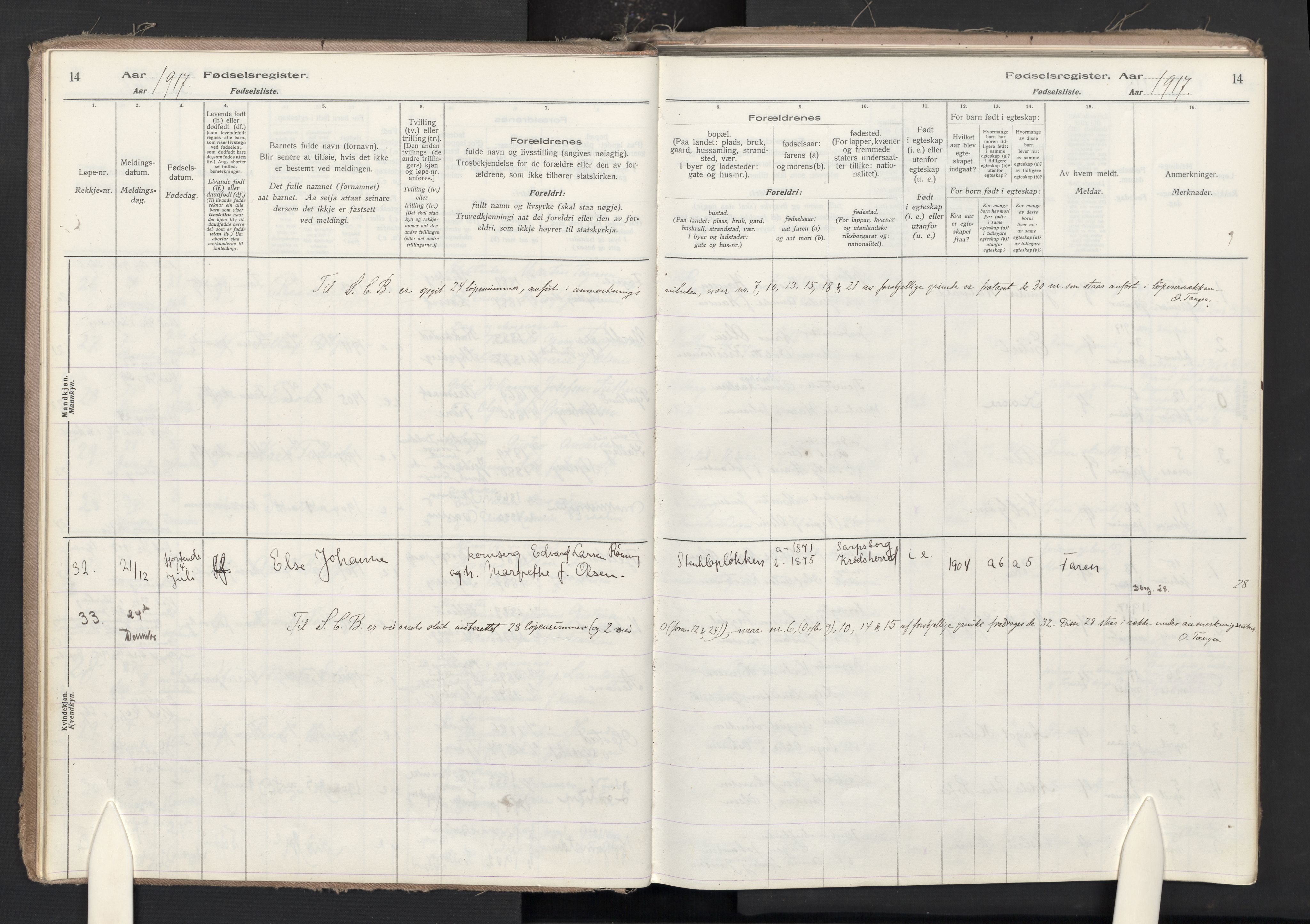 Skjeberg prestekontor Kirkebøker, AV/SAO-A-10923/J/Ja/L0001: Birth register no. I 1, 1916-1945, p. 14