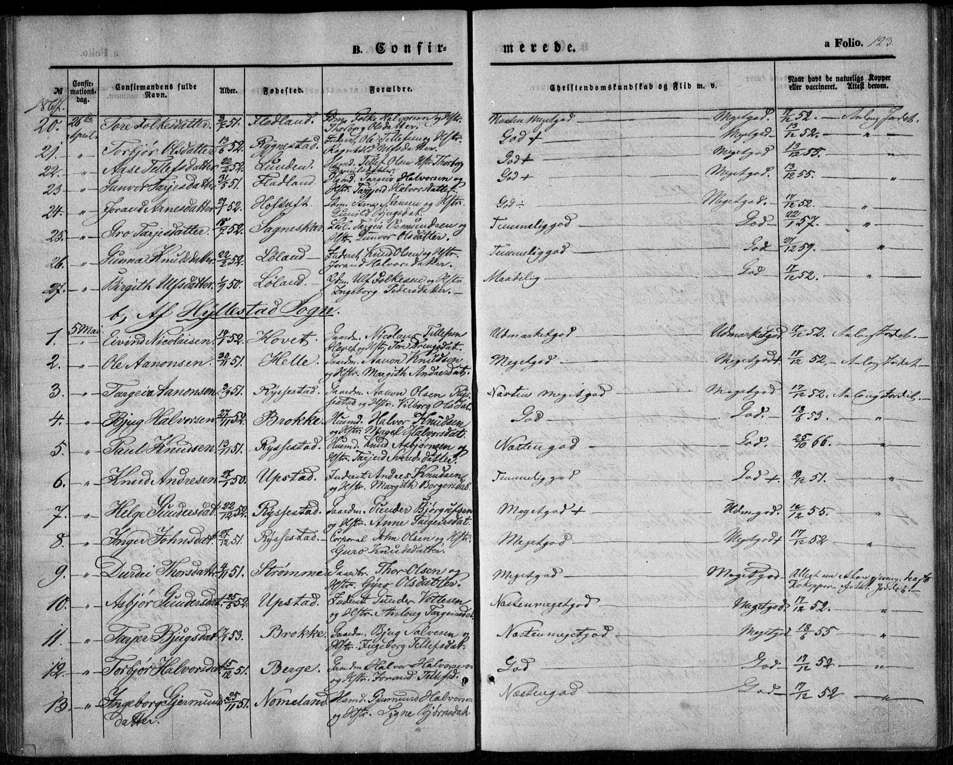 Valle sokneprestkontor, SAK/1111-0044/F/Fa/Fac/L0007: Parish register (official) no. A 7, 1854-1868, p. 123