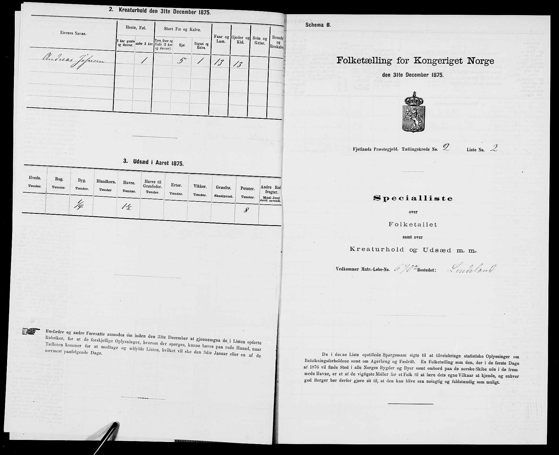 SAK, 1875 census for 1036P Fjotland, 1875, p. 116