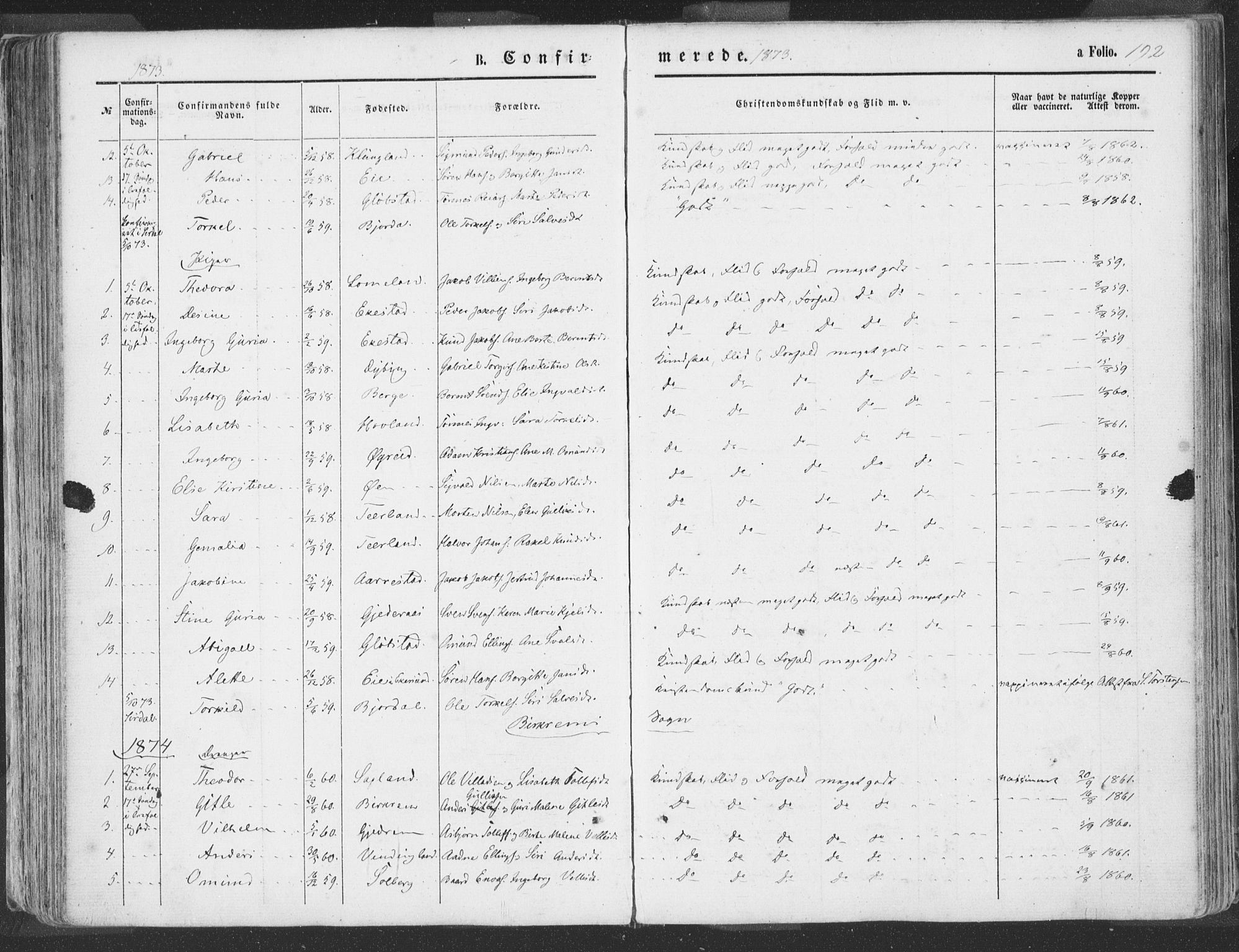 Helleland sokneprestkontor, AV/SAST-A-101810: Parish register (official) no. A 7.1, 1863-1886, p. 192