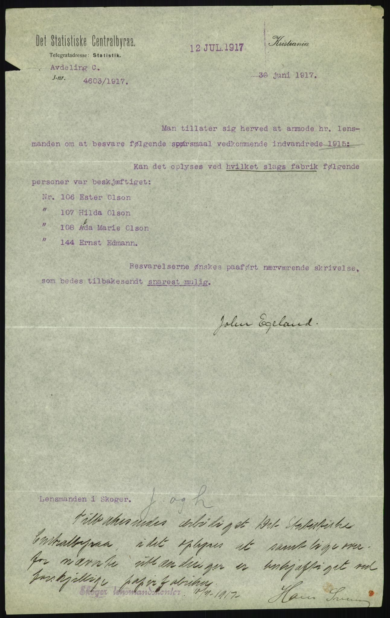 Statistisk sentralbyrå, Sosioøkonomiske emner, Folketellinger, boliger og boforhold, AV/RA-S-2231/F/Fa/L0001: Innvandring. Navn/fylkesvis, 1915, p. 63