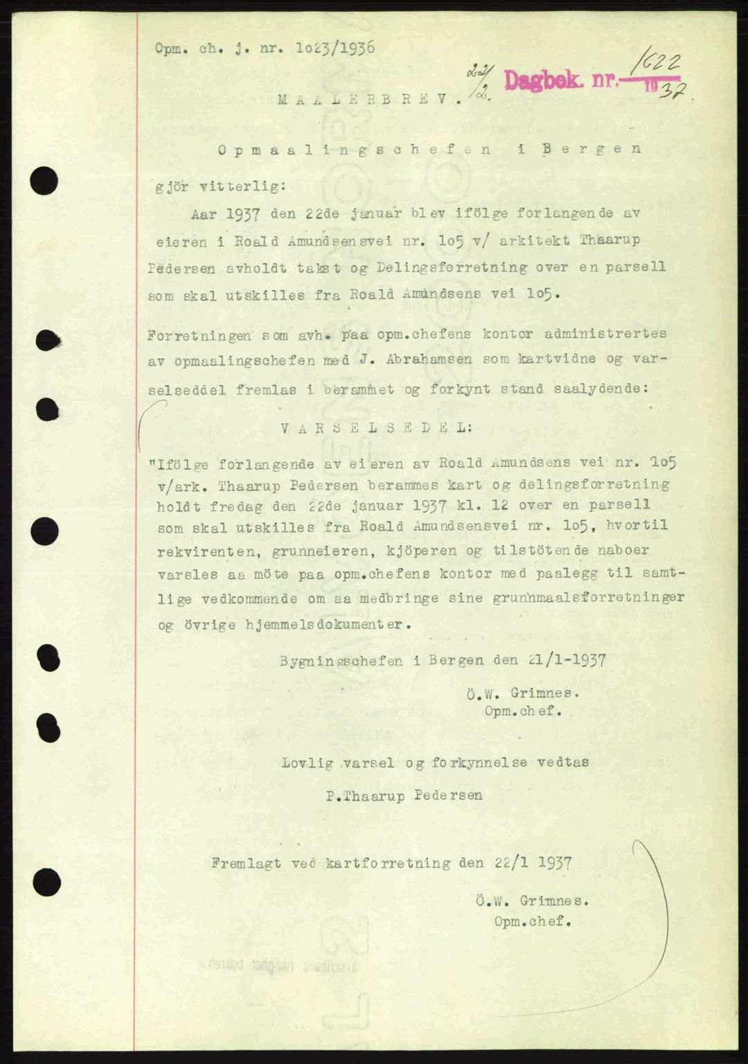 Byfogd og Byskriver i Bergen, SAB/A-3401/03/03Bc/L0004: Mortgage book no. A3-4, 1936-1937, Diary no: : 1622/1937