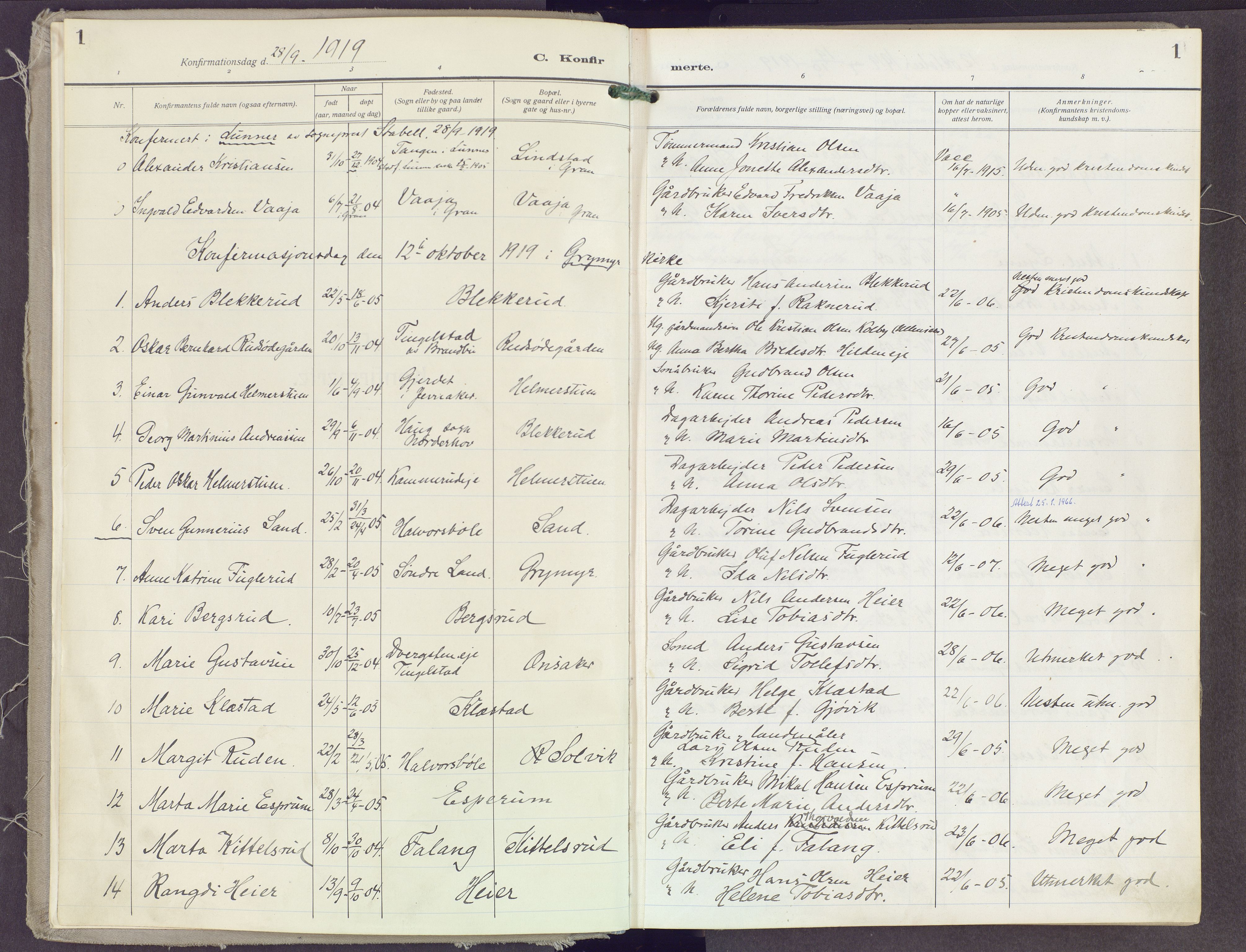 Gran prestekontor, SAH/PREST-112/H/Ha/Haa/L0023: Parish register (official) no. 23, 1919-1938, p. 1