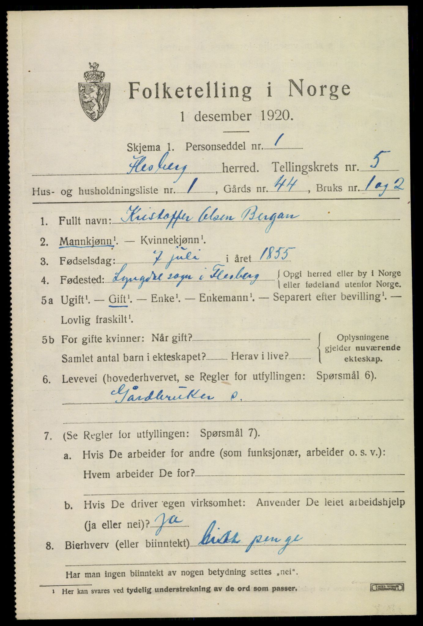 SAKO, 1920 census for Flesberg, 1920, p. 2415