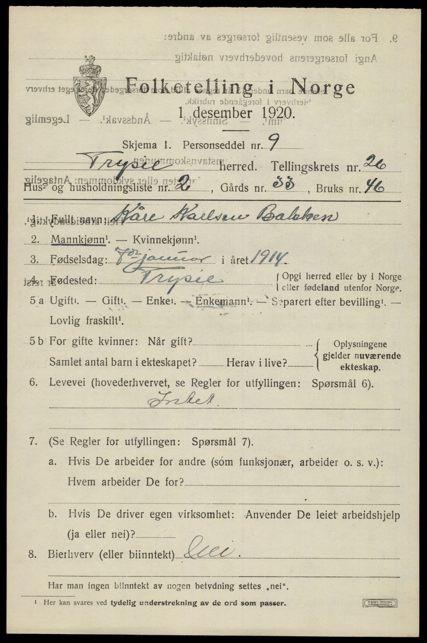 SAH, 1920 census for Trysil, 1920, p. 16133