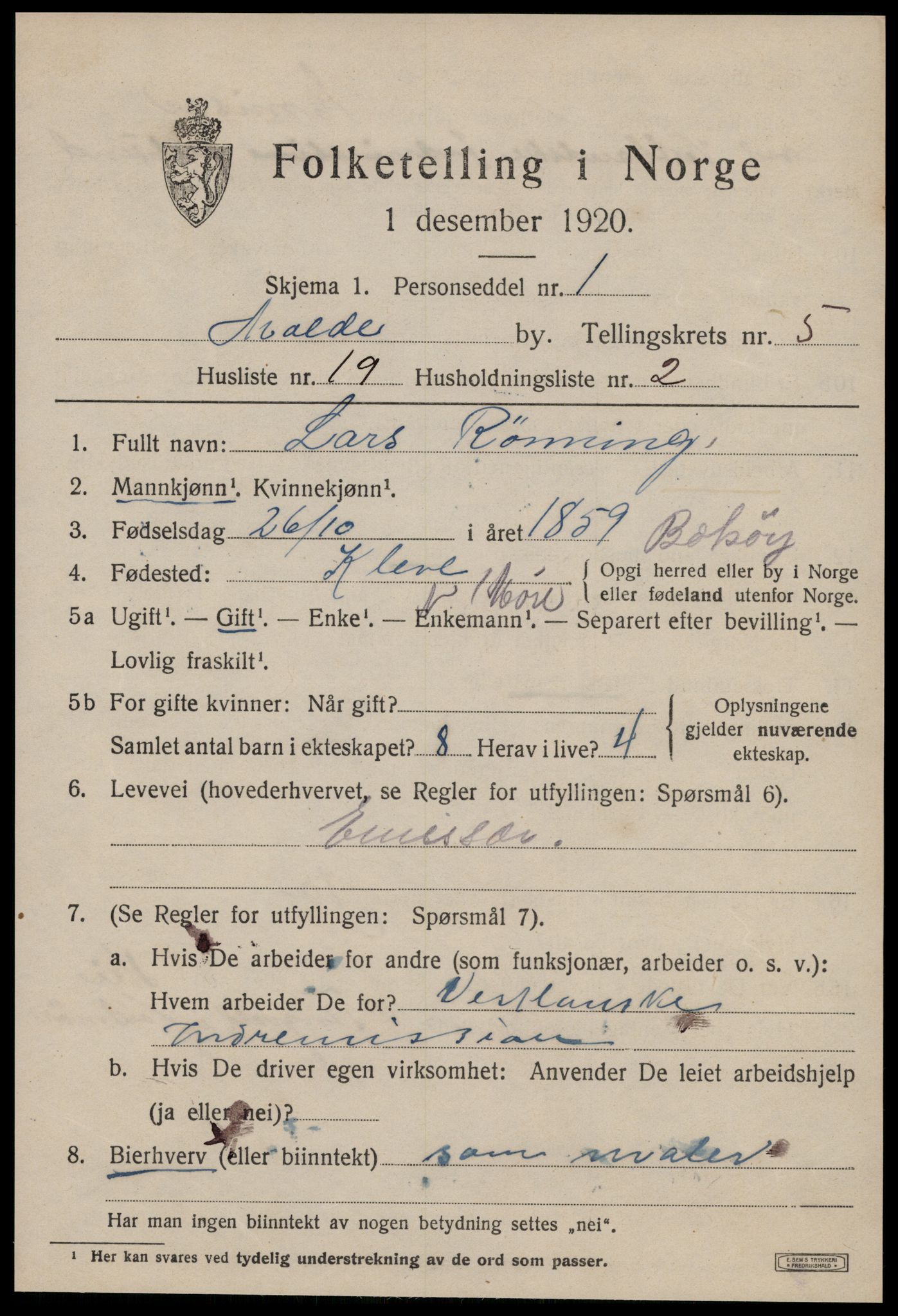 SAT, 1920 census for Molde, 1920, p. 7011