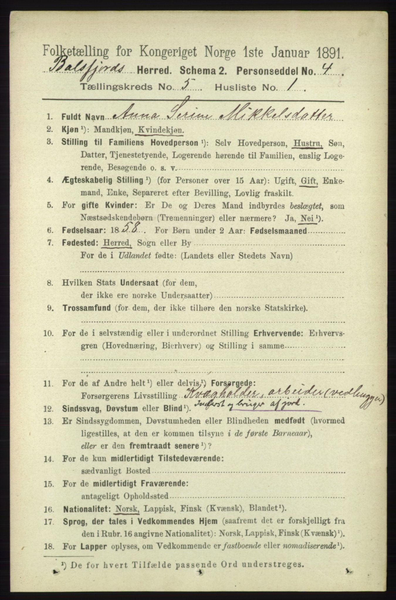 RA, 1891 census for 1933 Balsfjord, 1891, p. 1432