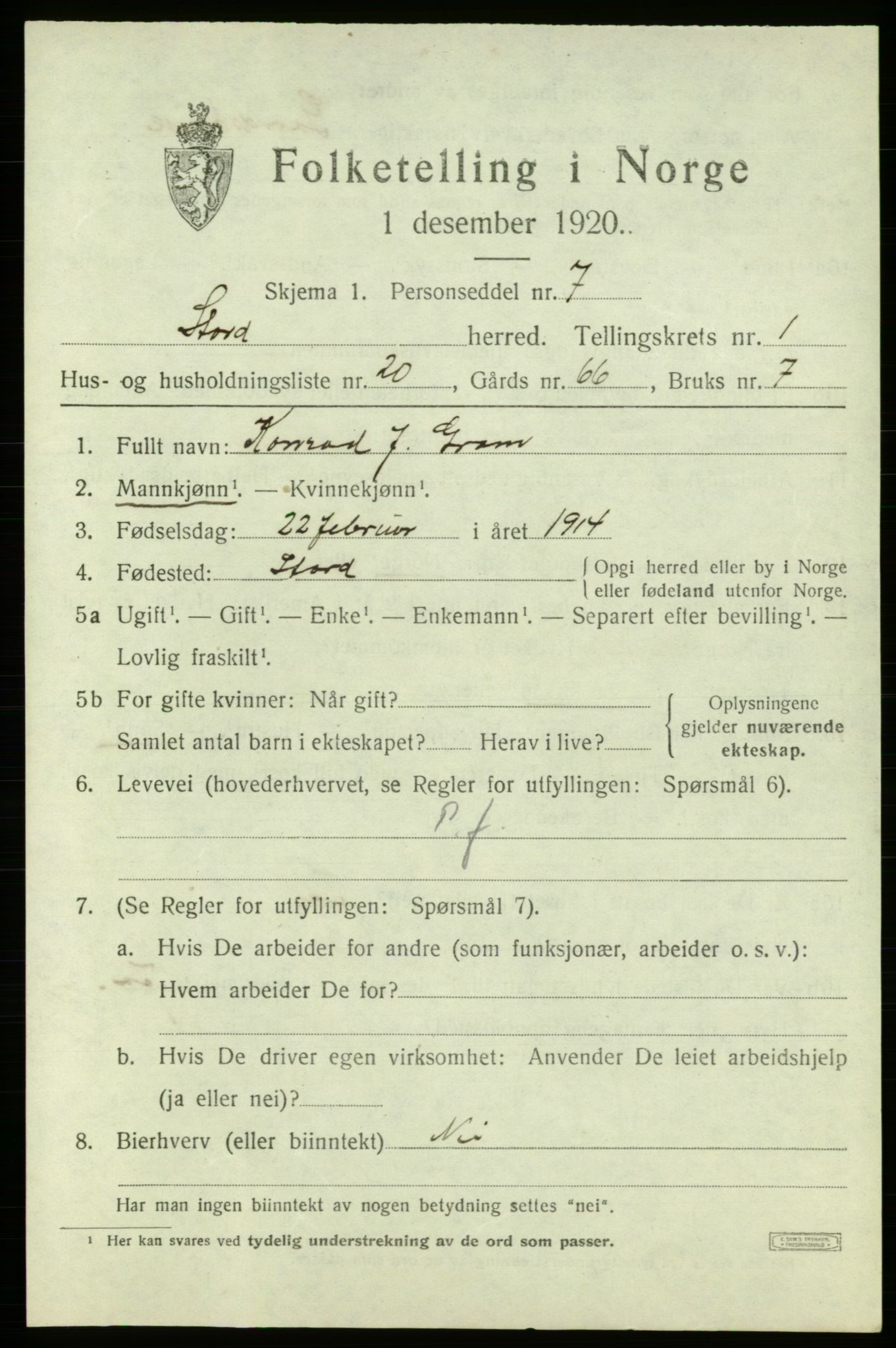 SAB, 1920 census for Stord, 1920, p. 1477