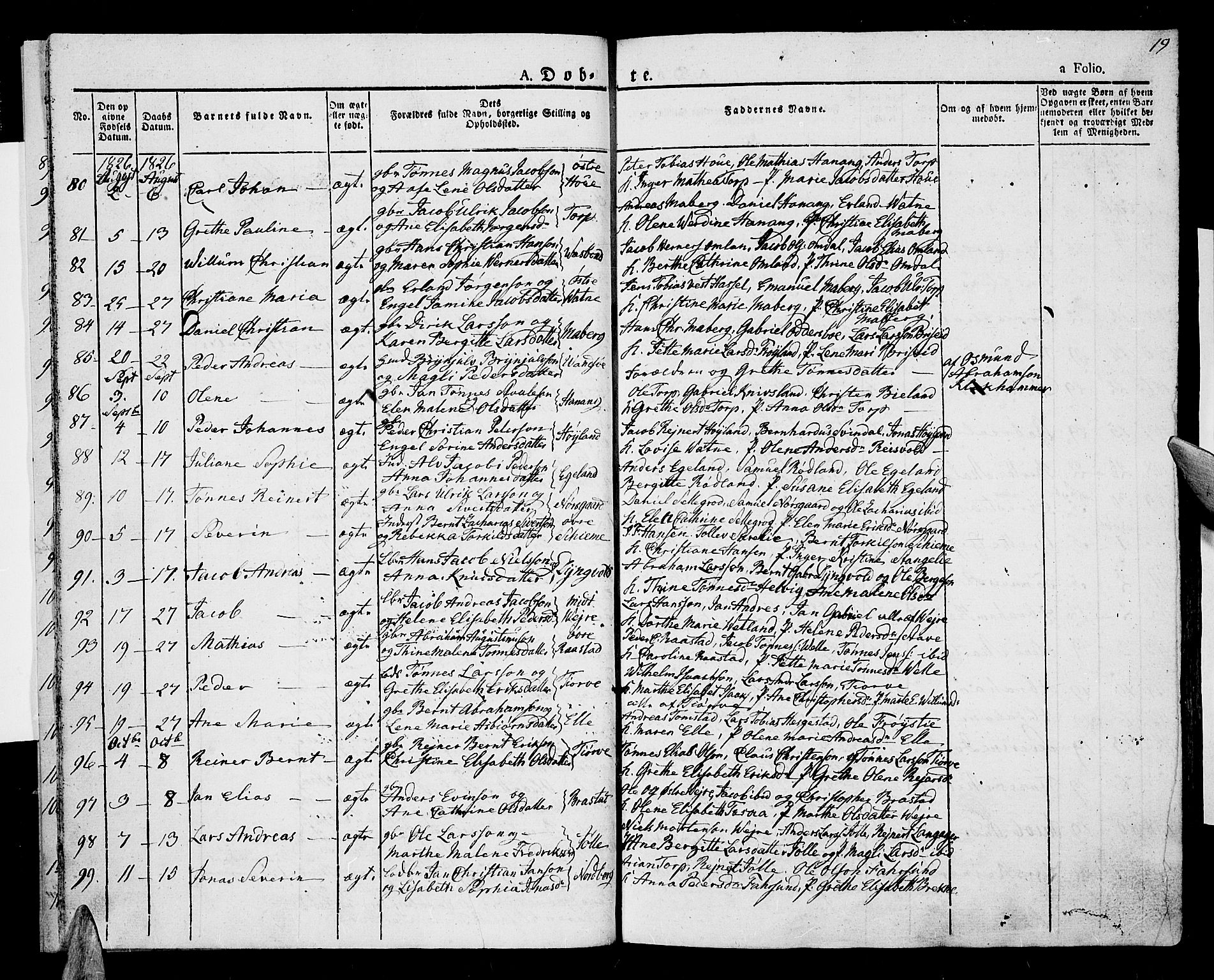 Lista sokneprestkontor, AV/SAK-1111-0027/F/Fa/L0008: Parish register (official) no. A 8, 1823-1835, p. 19