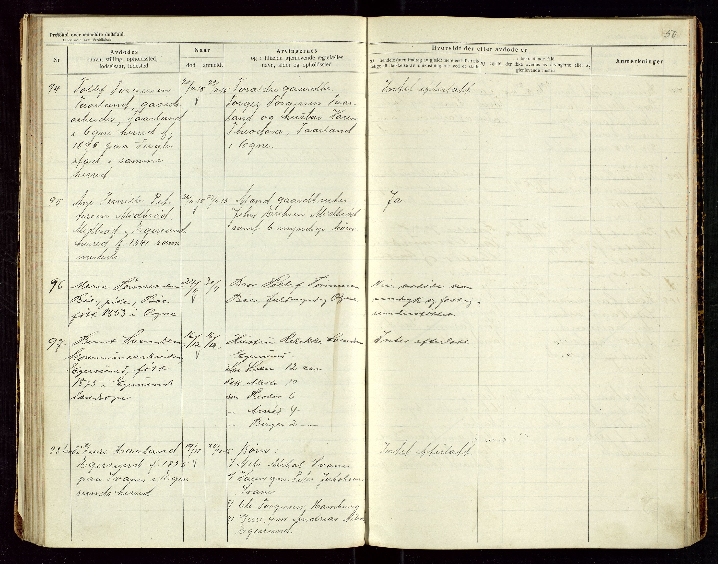 Eigersund lensmannskontor, SAST/A-100171/Gga/L0006: "Protokol over anmeldte dødsfald" m/alfabetisk navneregister, 1914-1917, p. 50