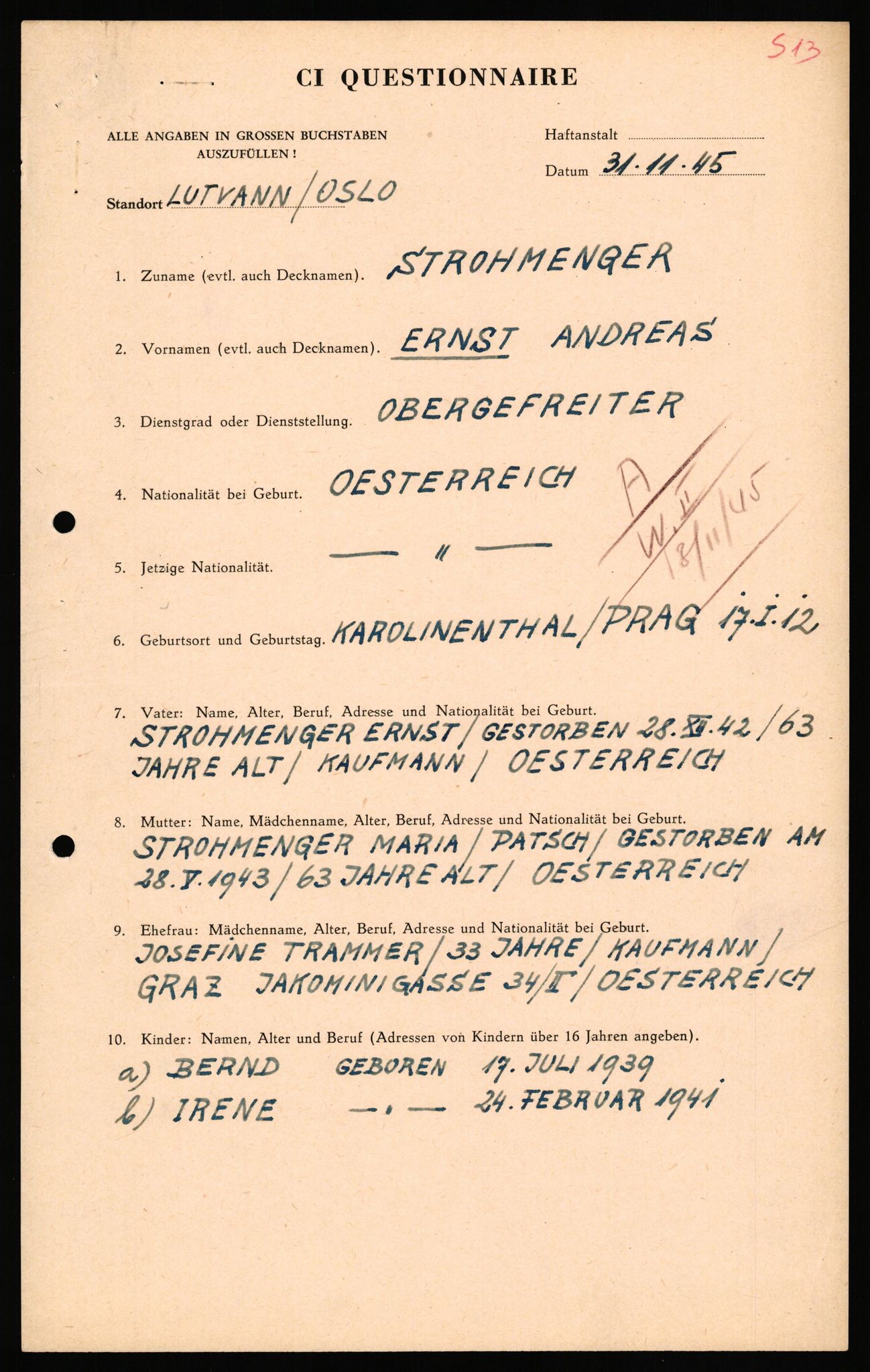 Forsvaret, Forsvarets overkommando II, AV/RA-RAFA-3915/D/Db/L0040: CI Questionaires. Tyske okkupasjonsstyrker i Norge. Østerrikere., 1945-1946, p. 243