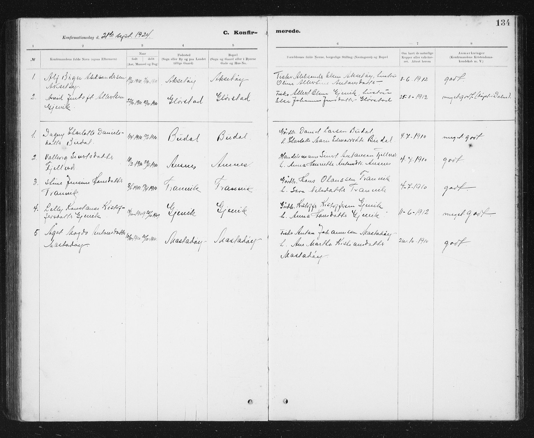 Ministerialprotokoller, klokkerbøker og fødselsregistre - Sør-Trøndelag, SAT/A-1456/637/L0563: Parish register (copy) no. 637C04, 1899-1940, p. 134