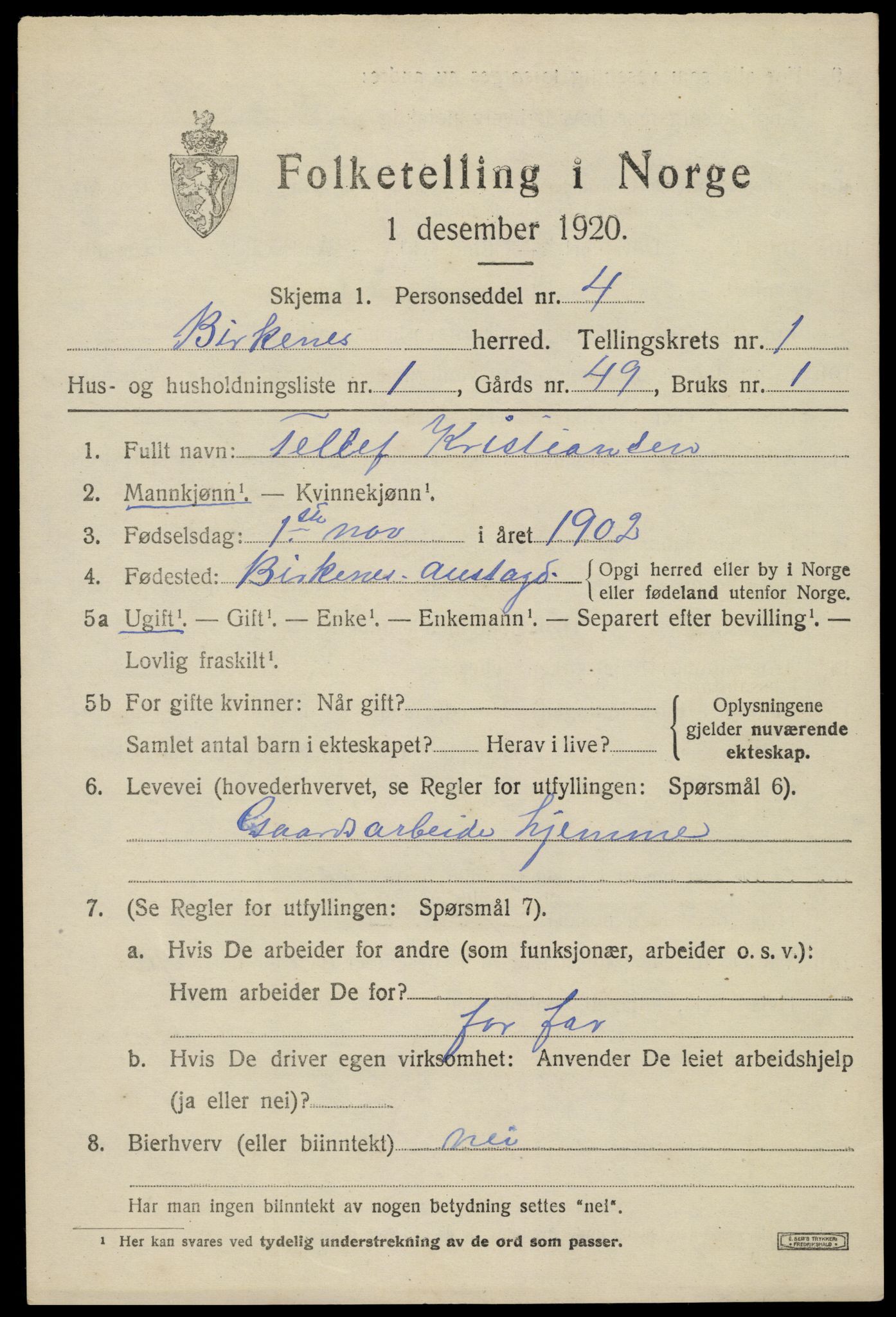 SAK, 1920 census for Birkenes, 1920, p. 791