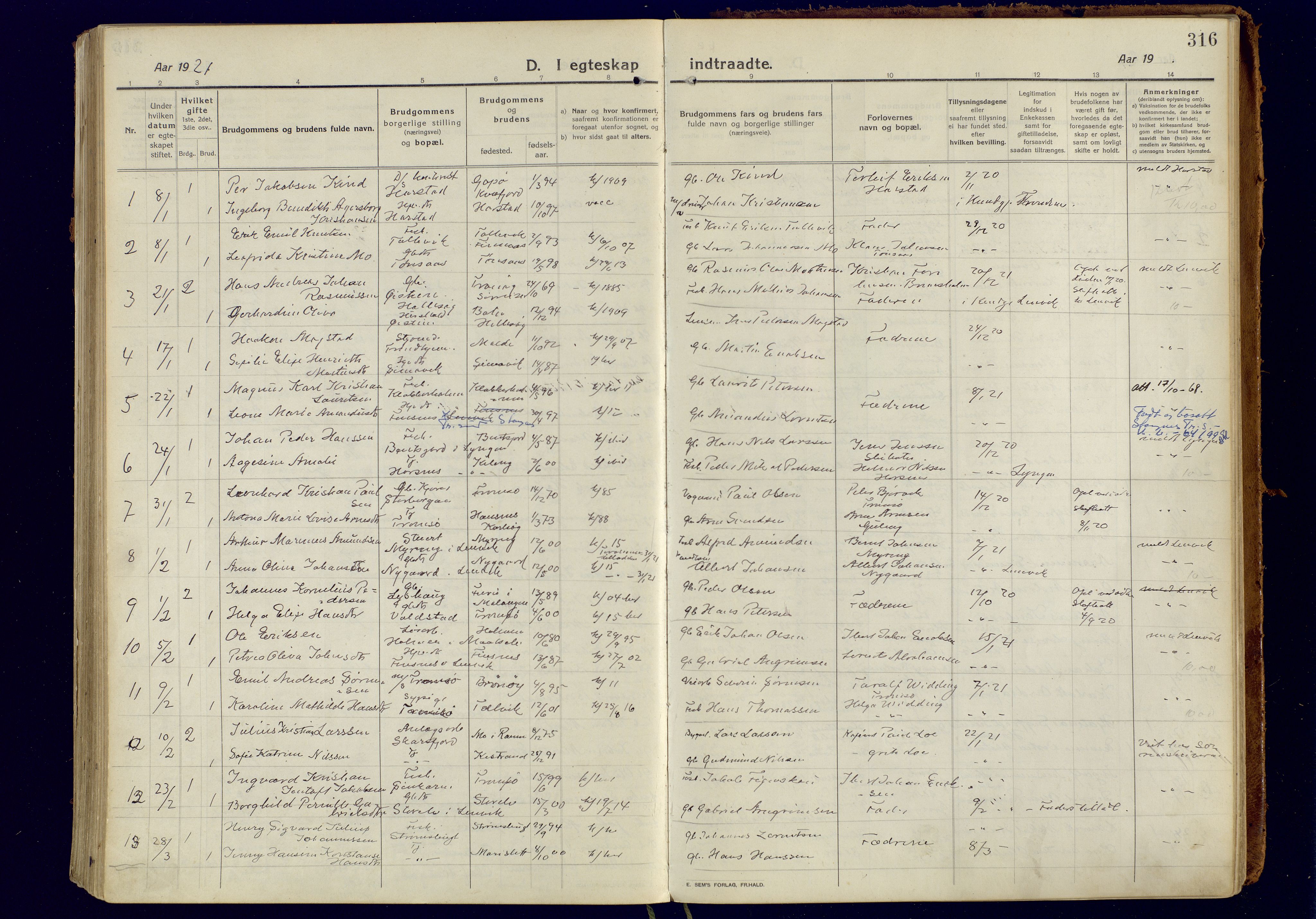 Tromsøysund sokneprestkontor, AV/SATØ-S-1304/G/Ga/L0008kirke: Parish register (official) no. 8, 1914-1922, p. 316