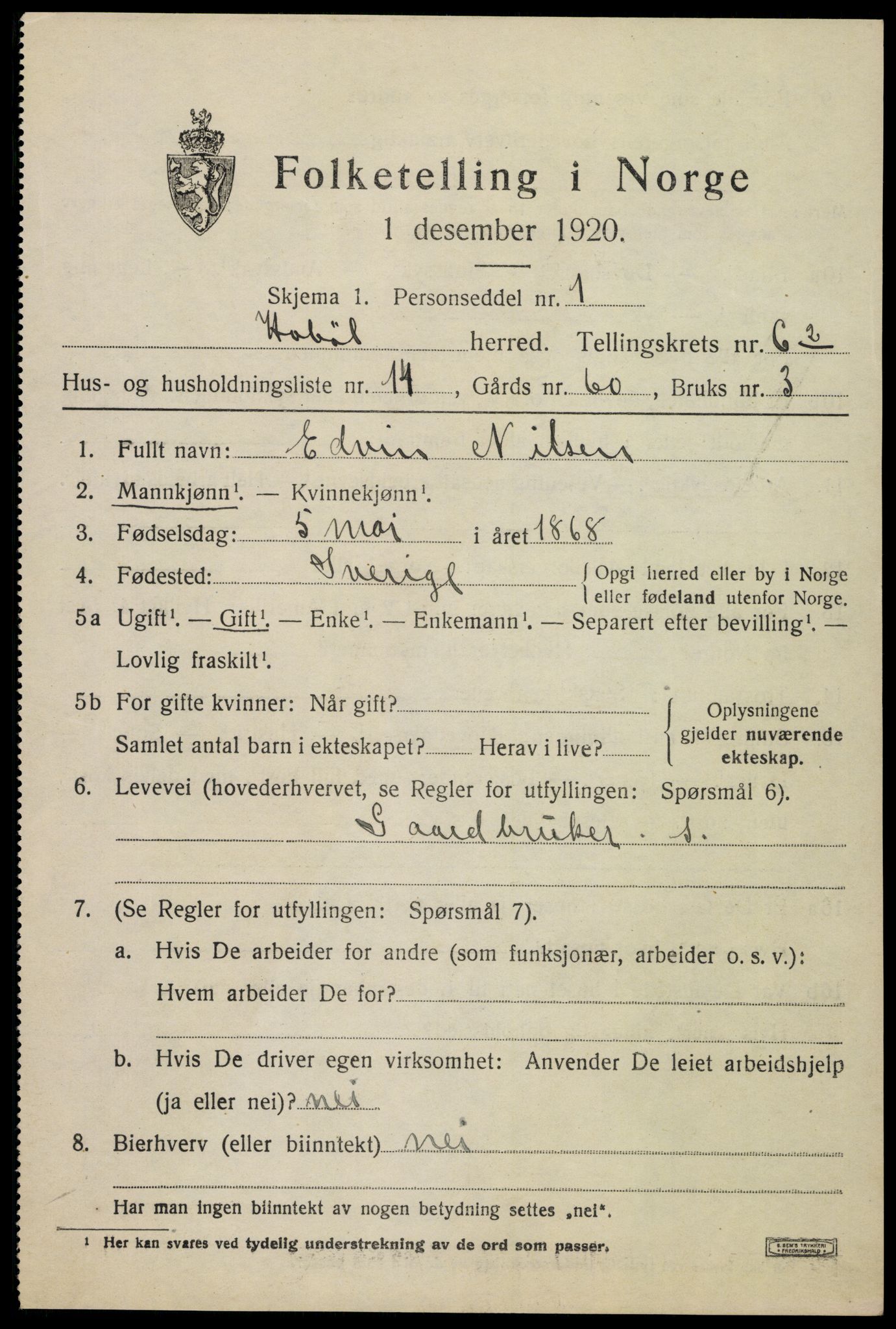 SAO, 1920 census for Hobøl, 1920, p. 2654