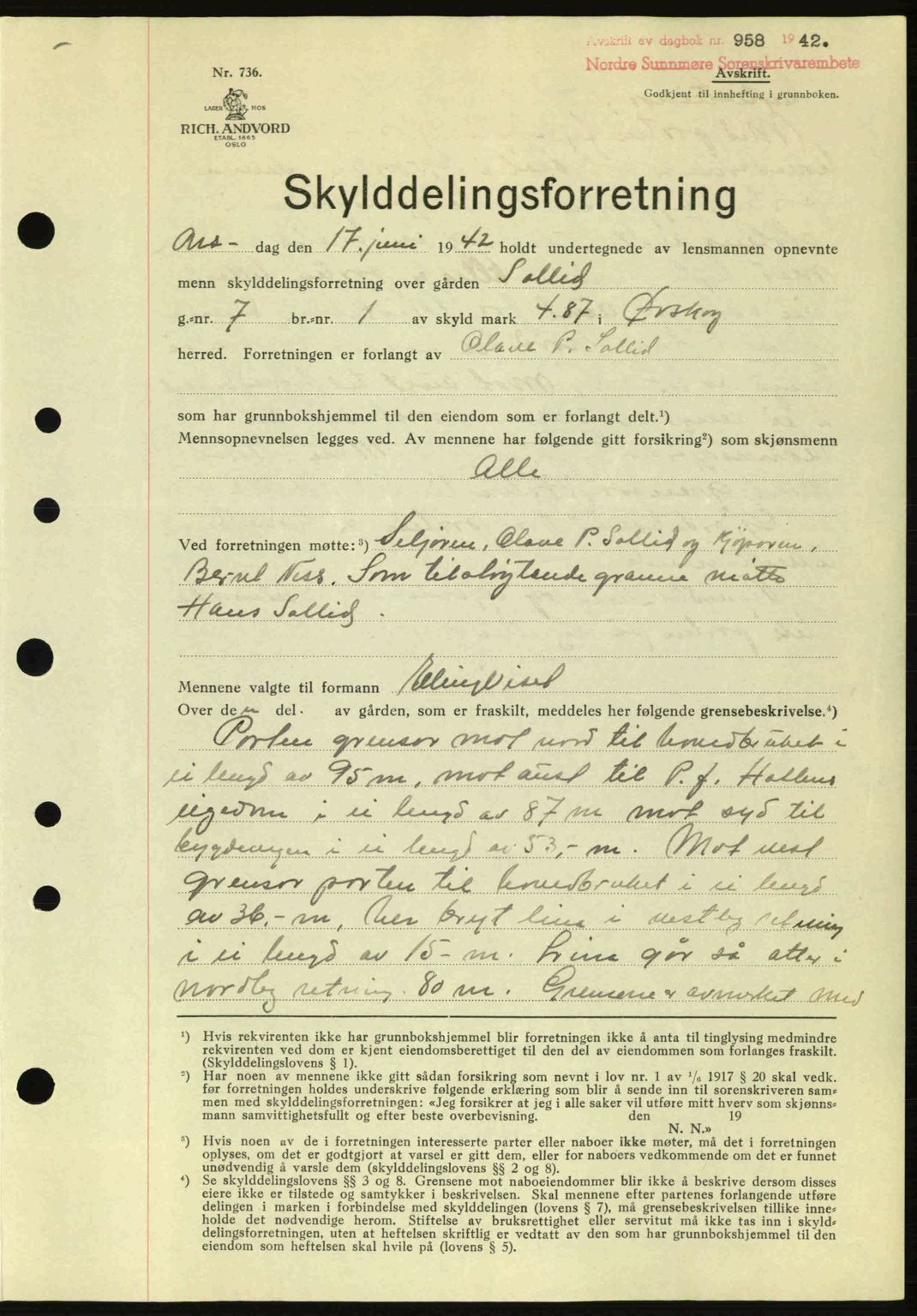 Nordre Sunnmøre sorenskriveri, AV/SAT-A-0006/1/2/2C/2Ca: Mortgage book no. A13, 1942-1942, Diary no: : 958/1942