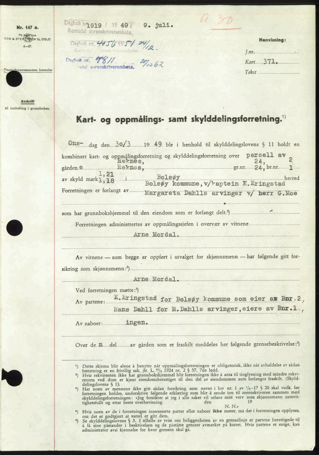 Romsdal sorenskriveri, AV/SAT-A-4149/1/2/2C: Mortgage book no. A30, 1949-1949, Diary no: : 1919/1949