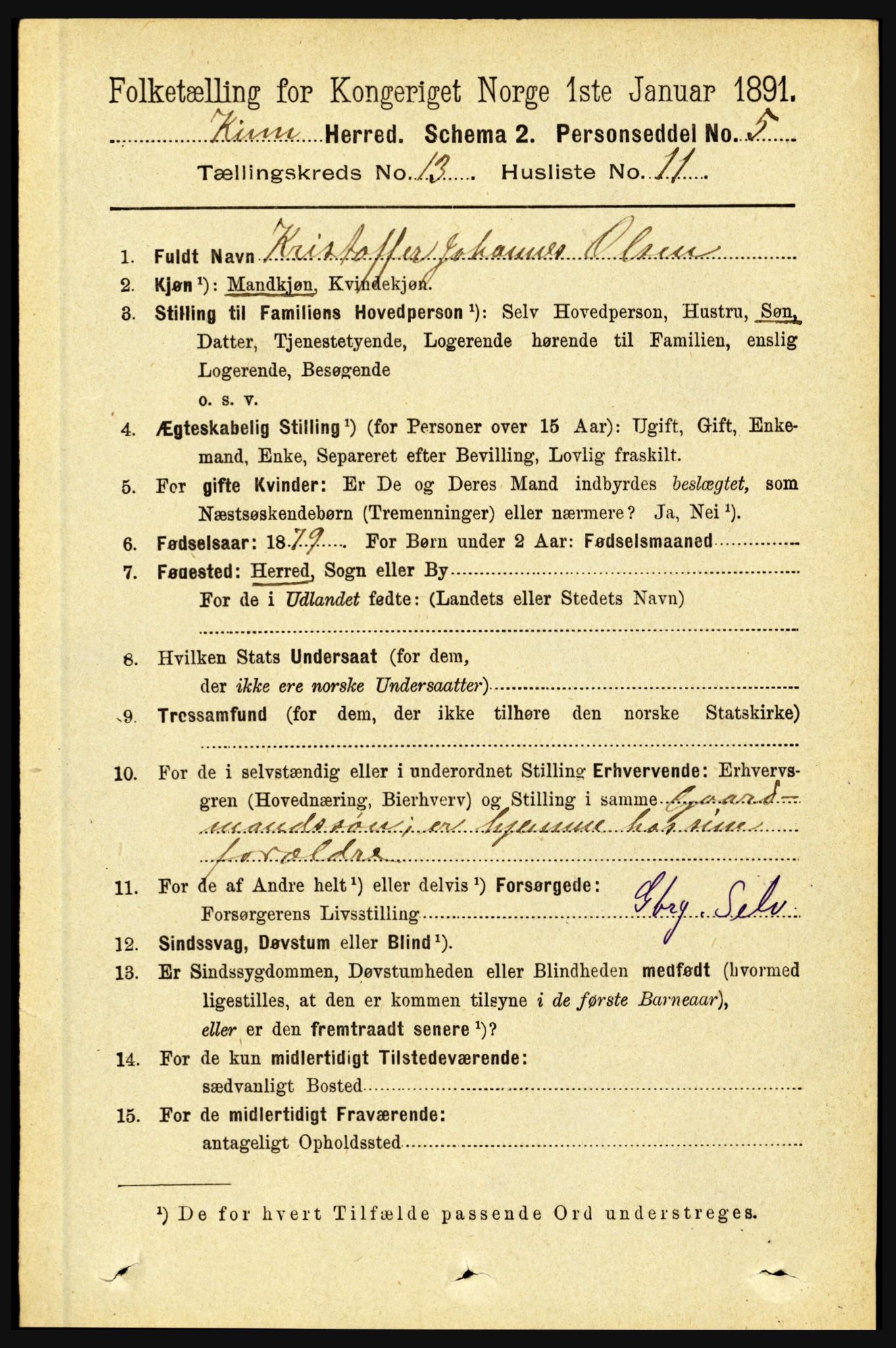 RA, 1891 census for 1437 Kinn, 1891, p. 5130