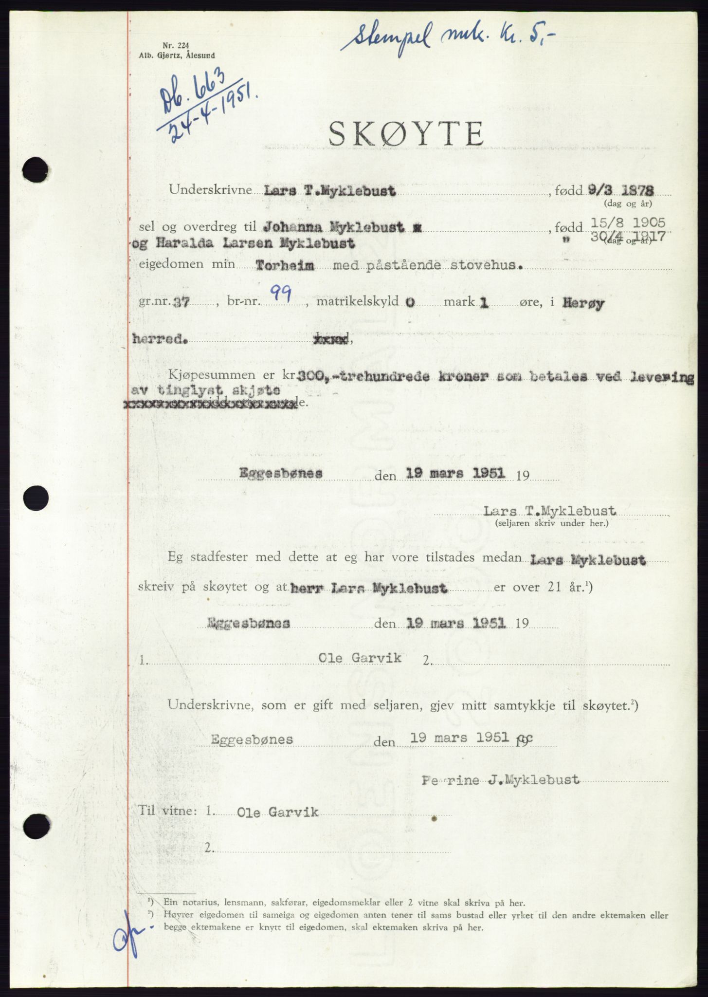 Søre Sunnmøre sorenskriveri, AV/SAT-A-4122/1/2/2C/L0089: Mortgage book no. 15A, 1951-1951, Diary no: : 663/1951