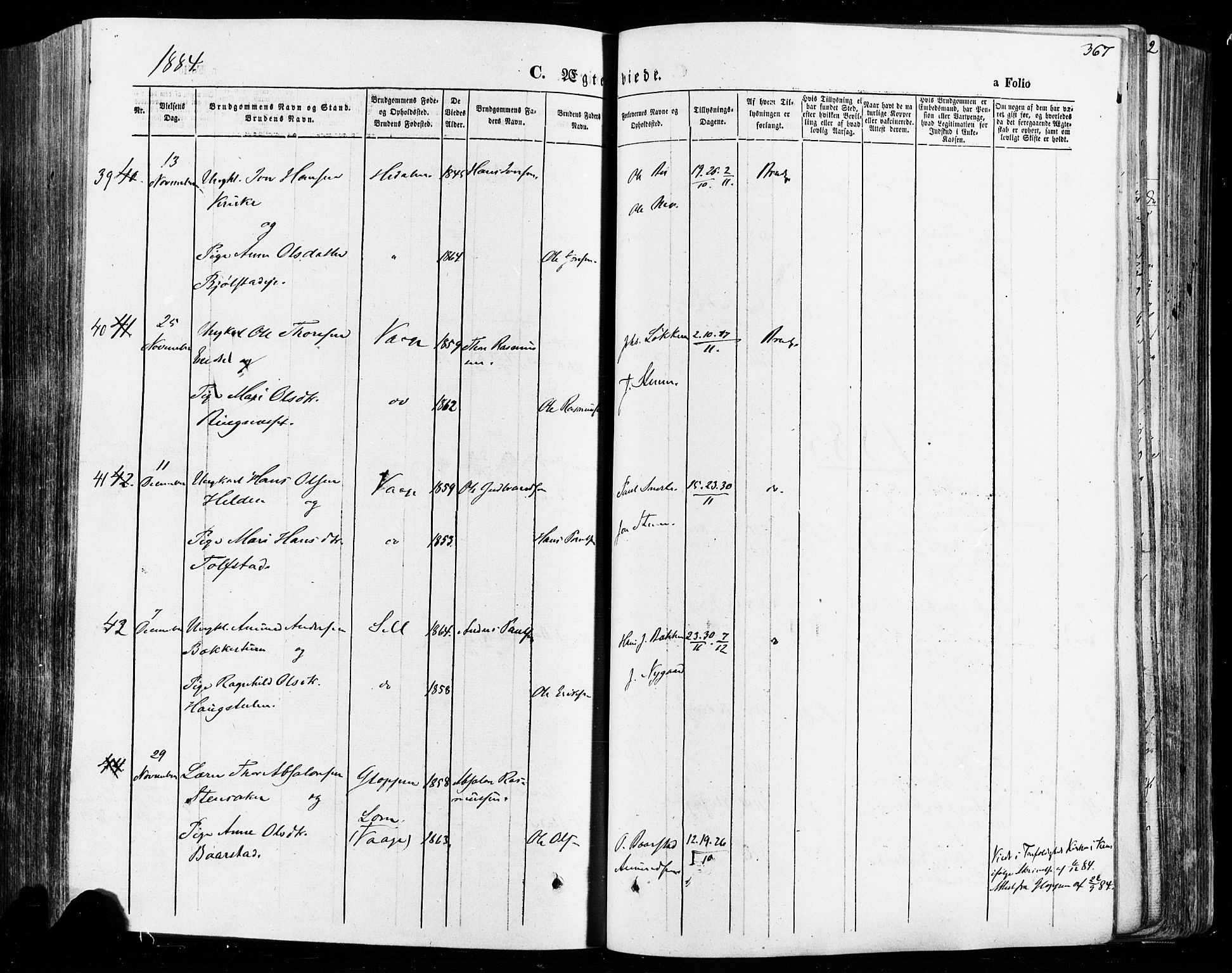 Vågå prestekontor, AV/SAH-PREST-076/H/Ha/Haa/L0007: Parish register (official) no. 7 /1, 1872-1886, p. 367