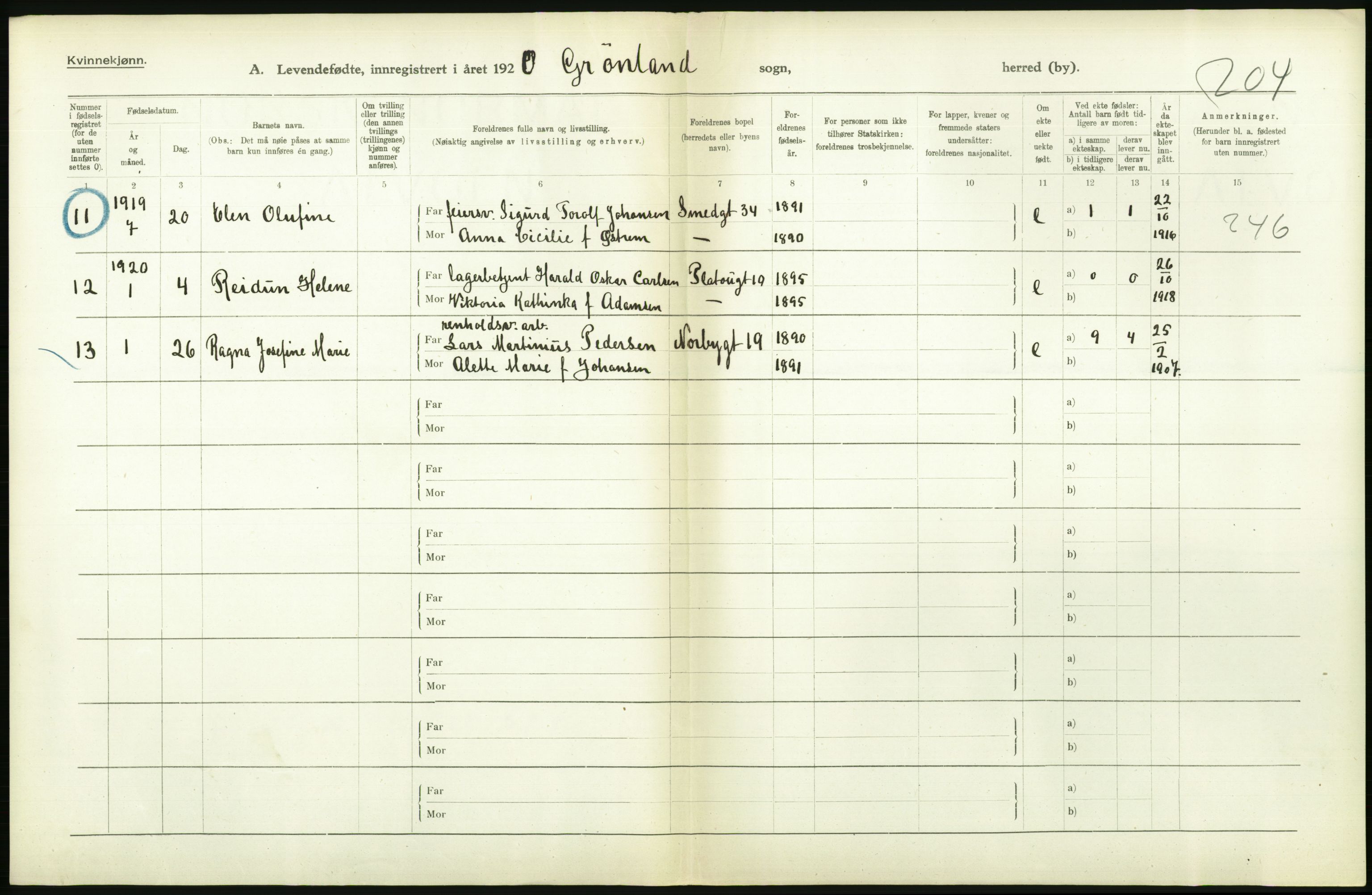 Statistisk sentralbyrå, Sosiodemografiske emner, Befolkning, AV/RA-S-2228/D/Df/Dfb/Dfbj/L0008: Kristiania: Levendefødte menn og kvinner., 1920, p. 152
