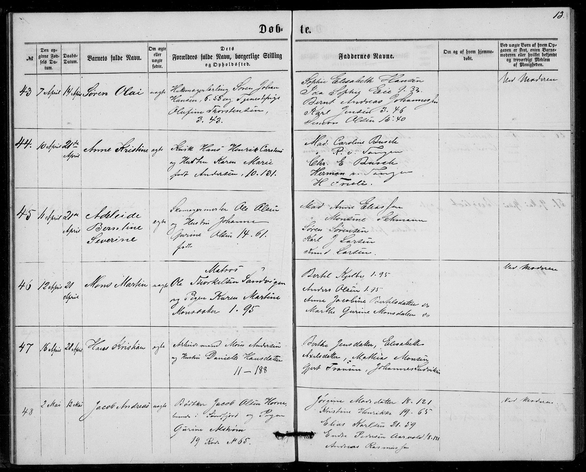 Fødselsstiftelsens sokneprestembete, ført av overlegen*, SAB/-: Parish register (official) no. A 1, 1863-1883, p. 13