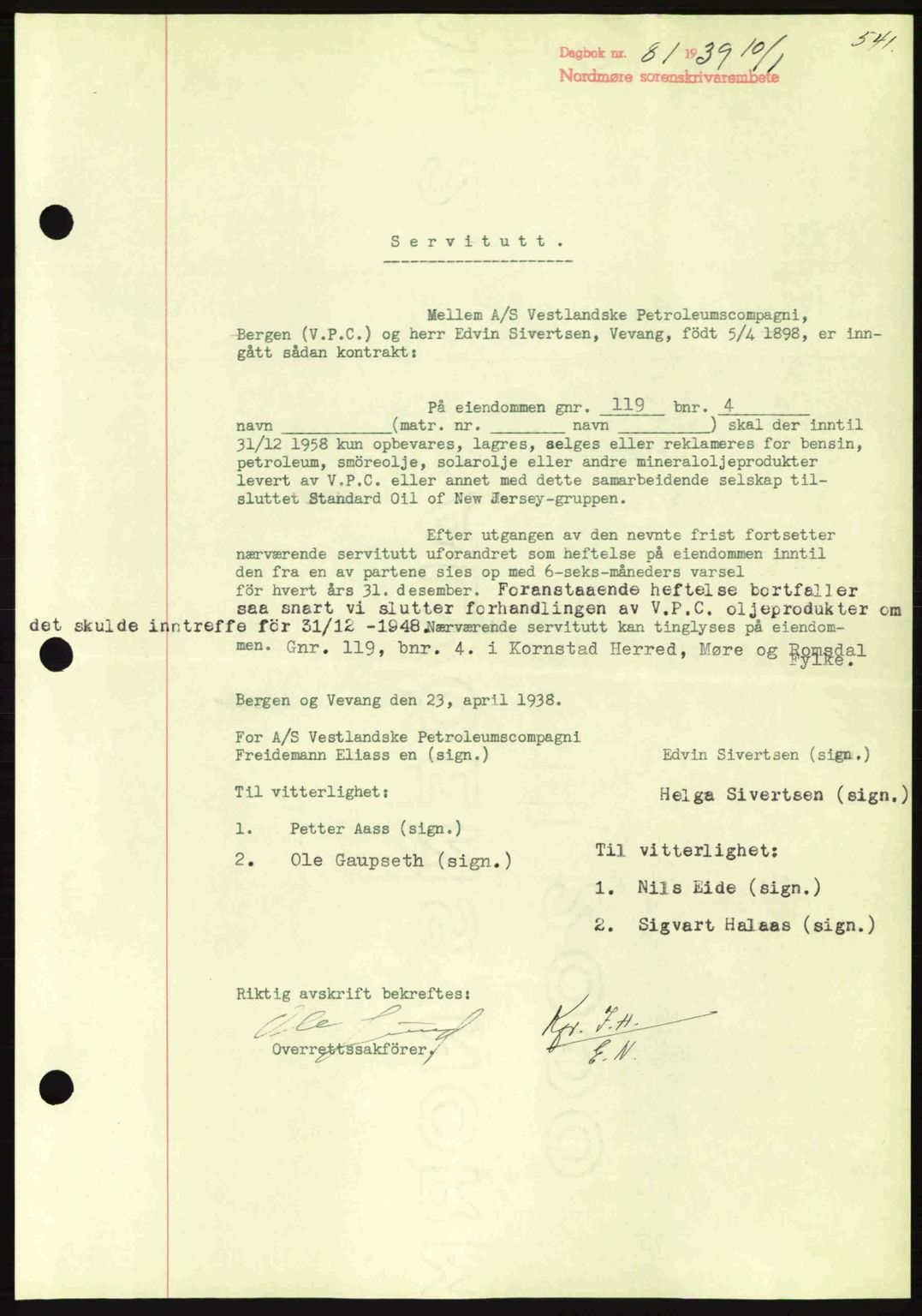 Nordmøre sorenskriveri, SAT/A-4132/1/2/2Ca: Mortgage book no. B84, 1938-1939, Diary no: : 81/1939