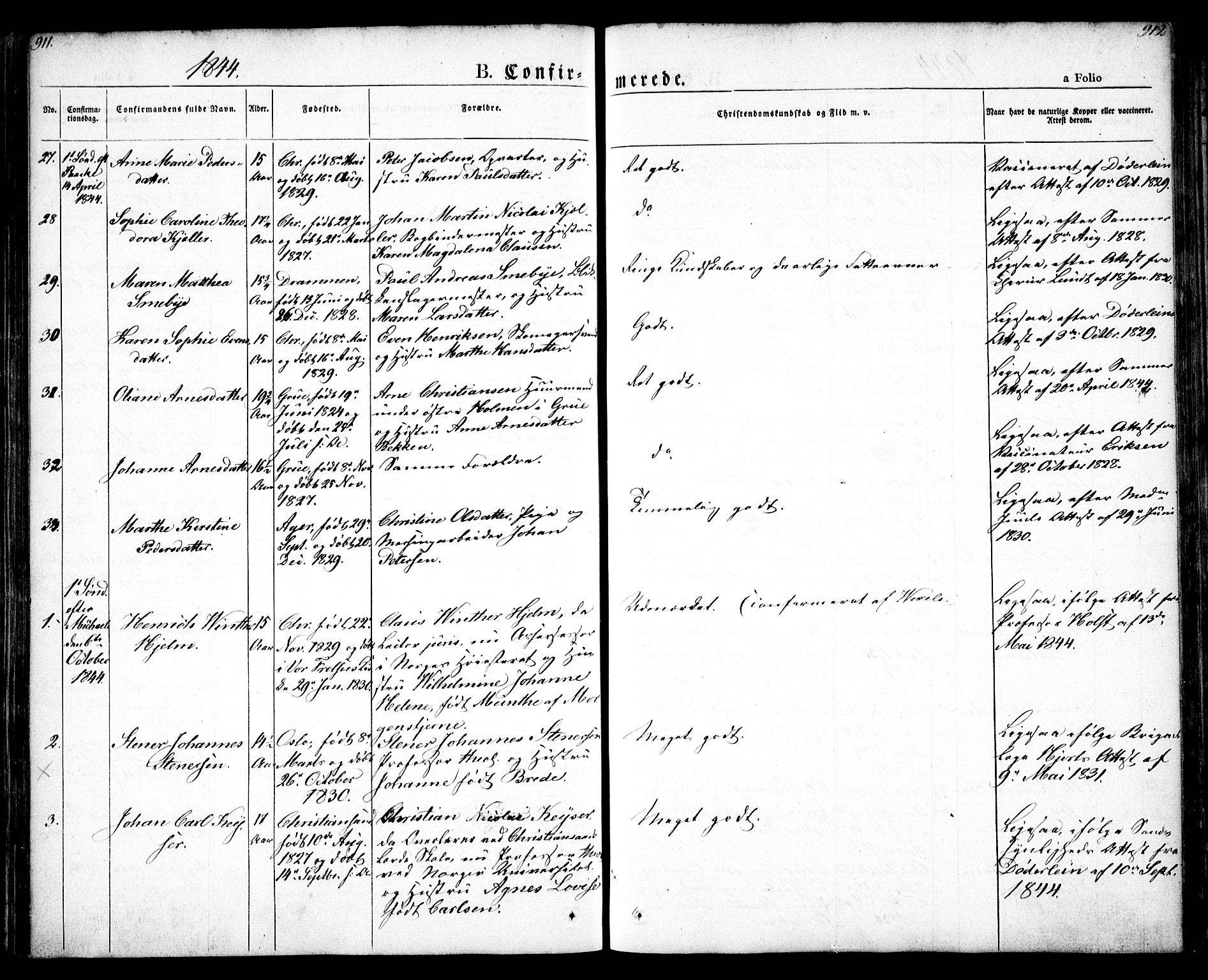 Oslo domkirke Kirkebøker, AV/SAO-A-10752/F/Fa/L0012: Parish register (official) no. 12, 1837-1845, p. 911-912